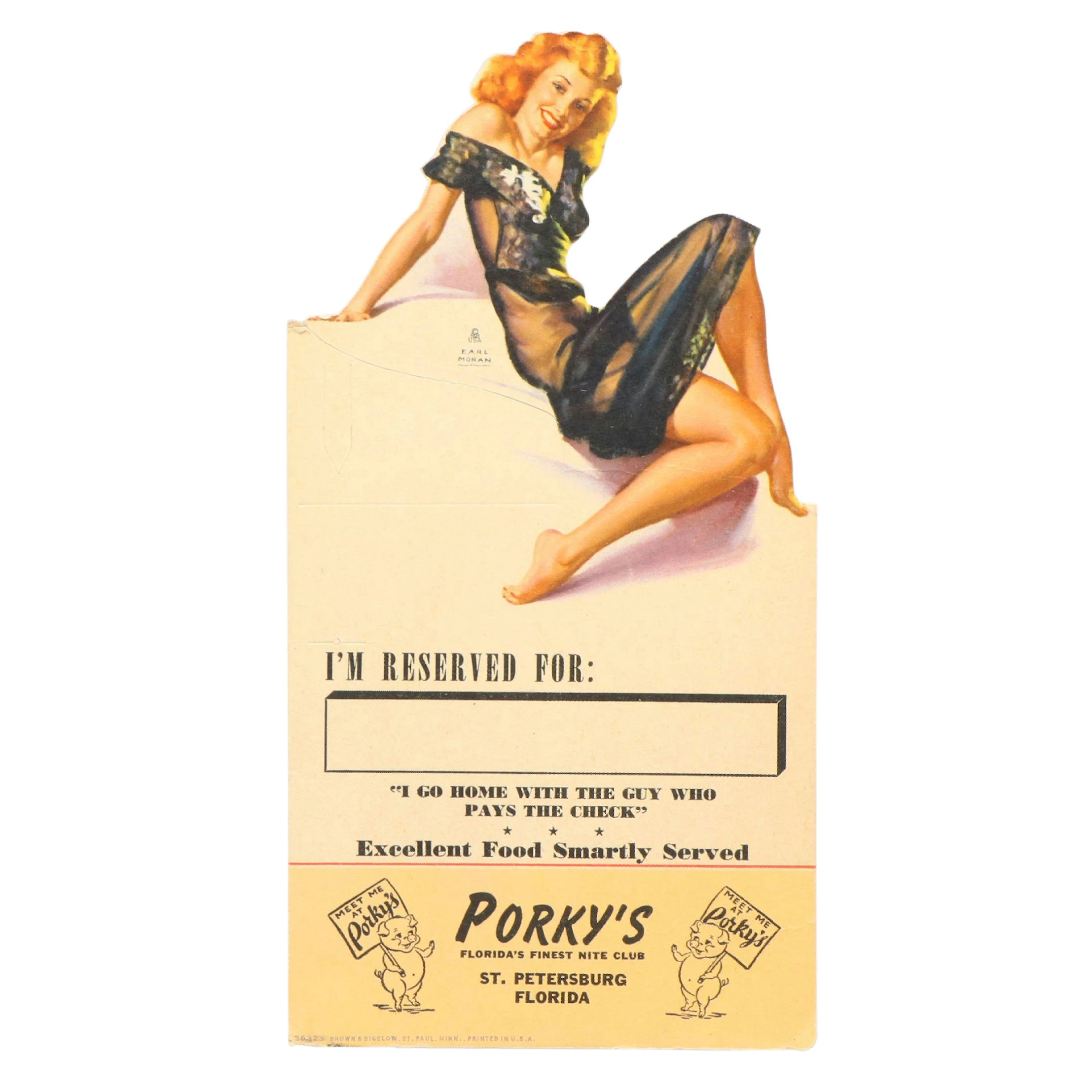 Porky's Night Club Pin-Up Table Tent Illustrated by Earl Moran, Mid-20th C.