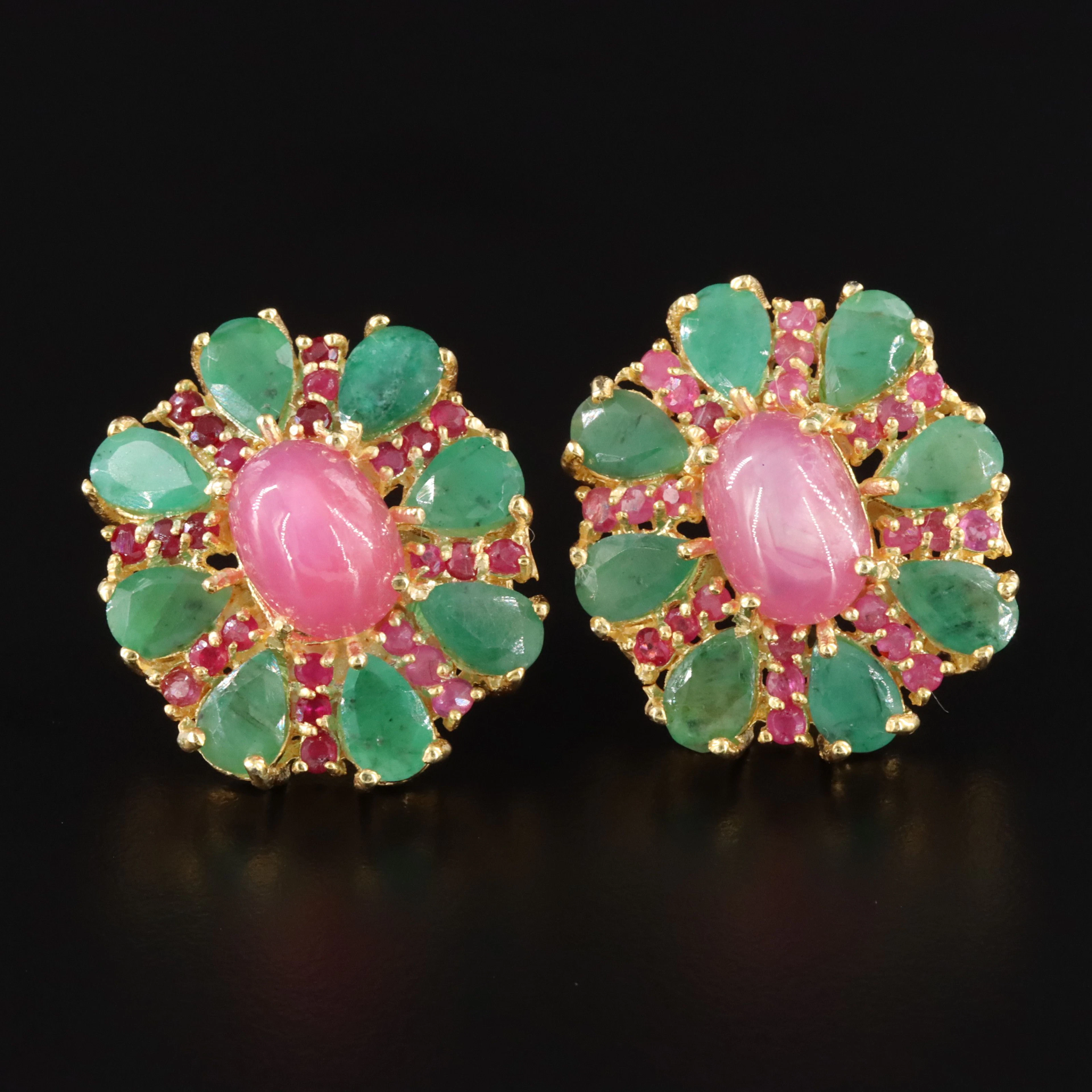 Sterling Ruby and Emerald Button Earrings