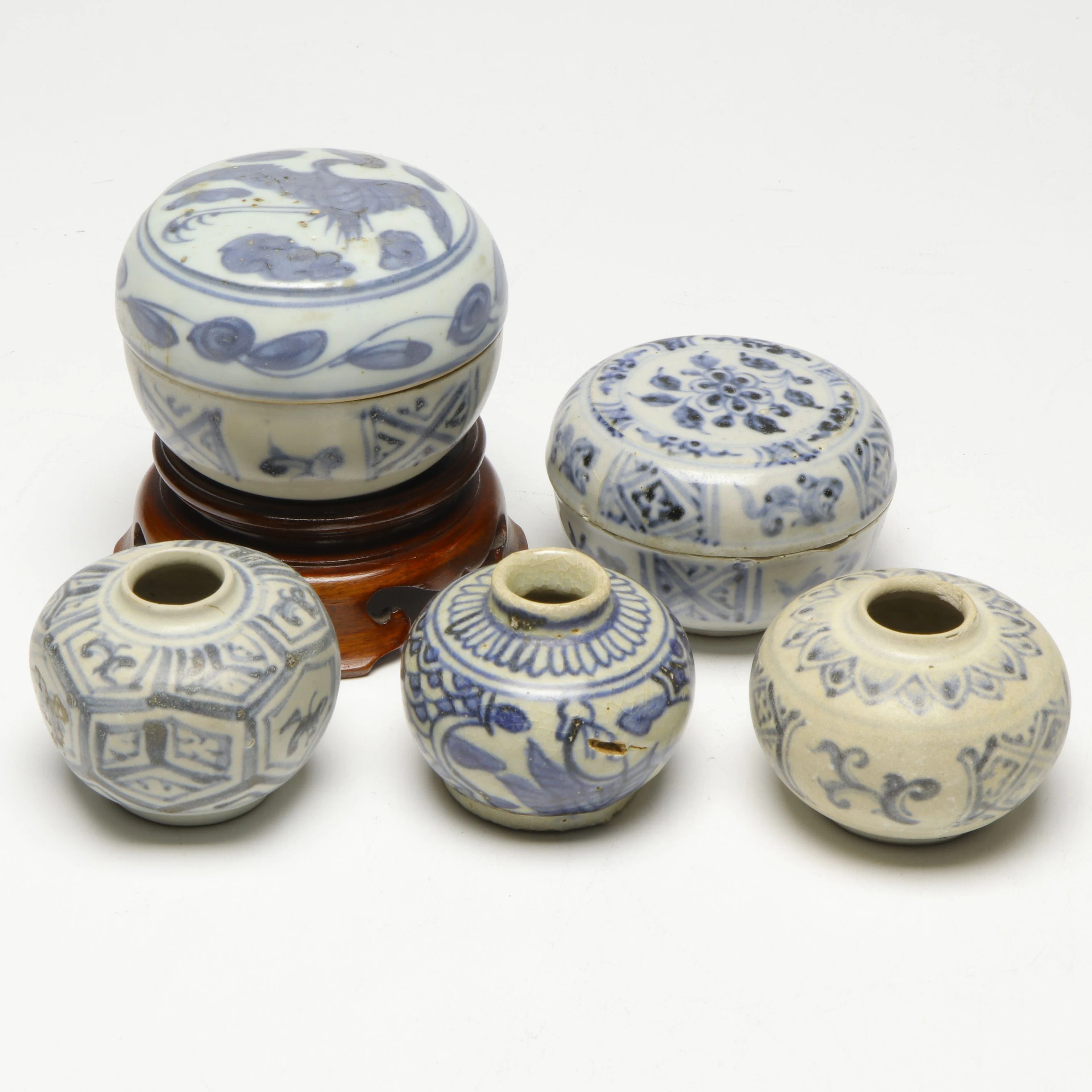 Antique Chinese Blue and White Ceramic Lidded Vessels and Vases