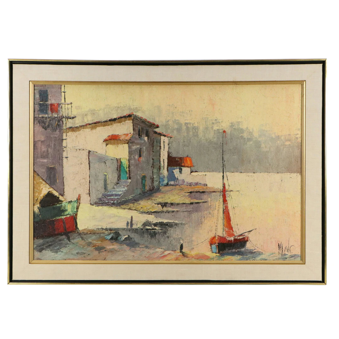 Modernist Oil Painting of Mediterranean Harbor Scene, Mid-20th Century