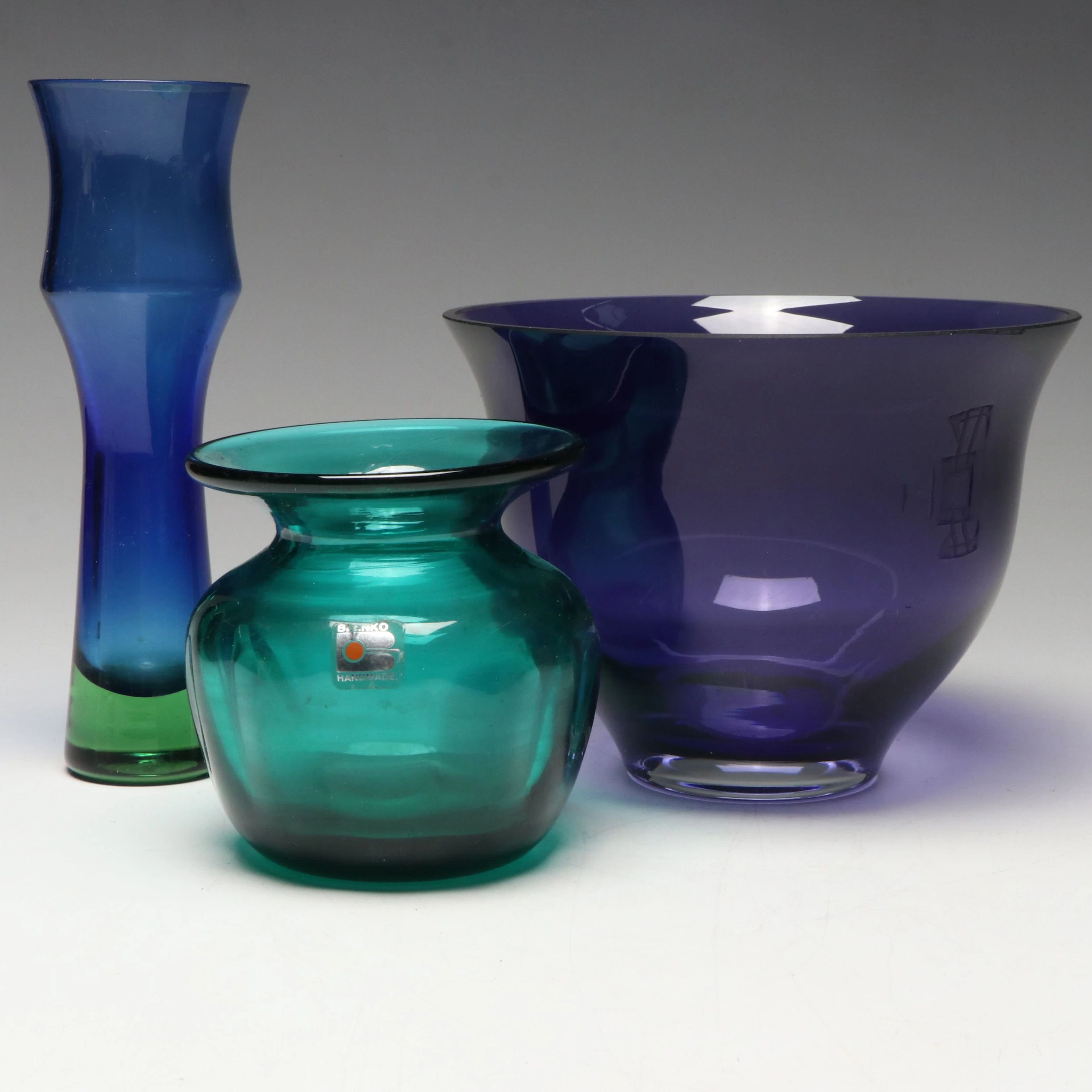 Blenko Handblown Teal Glass Vase with Other MCM Style Vase and Bowl
