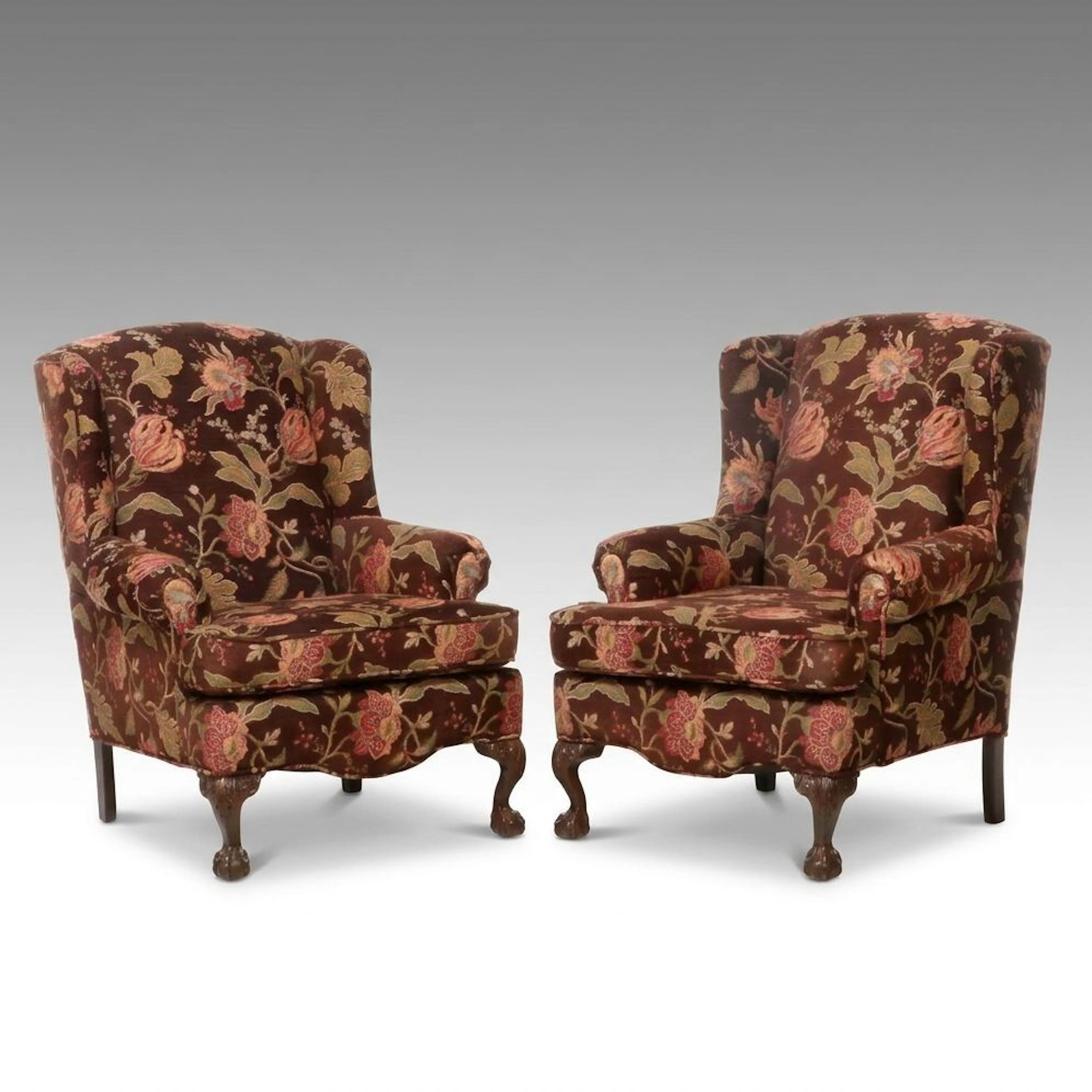 Pair of Chippendale Style Floral Upholstered Wingback Armchairs, Late 20th C.