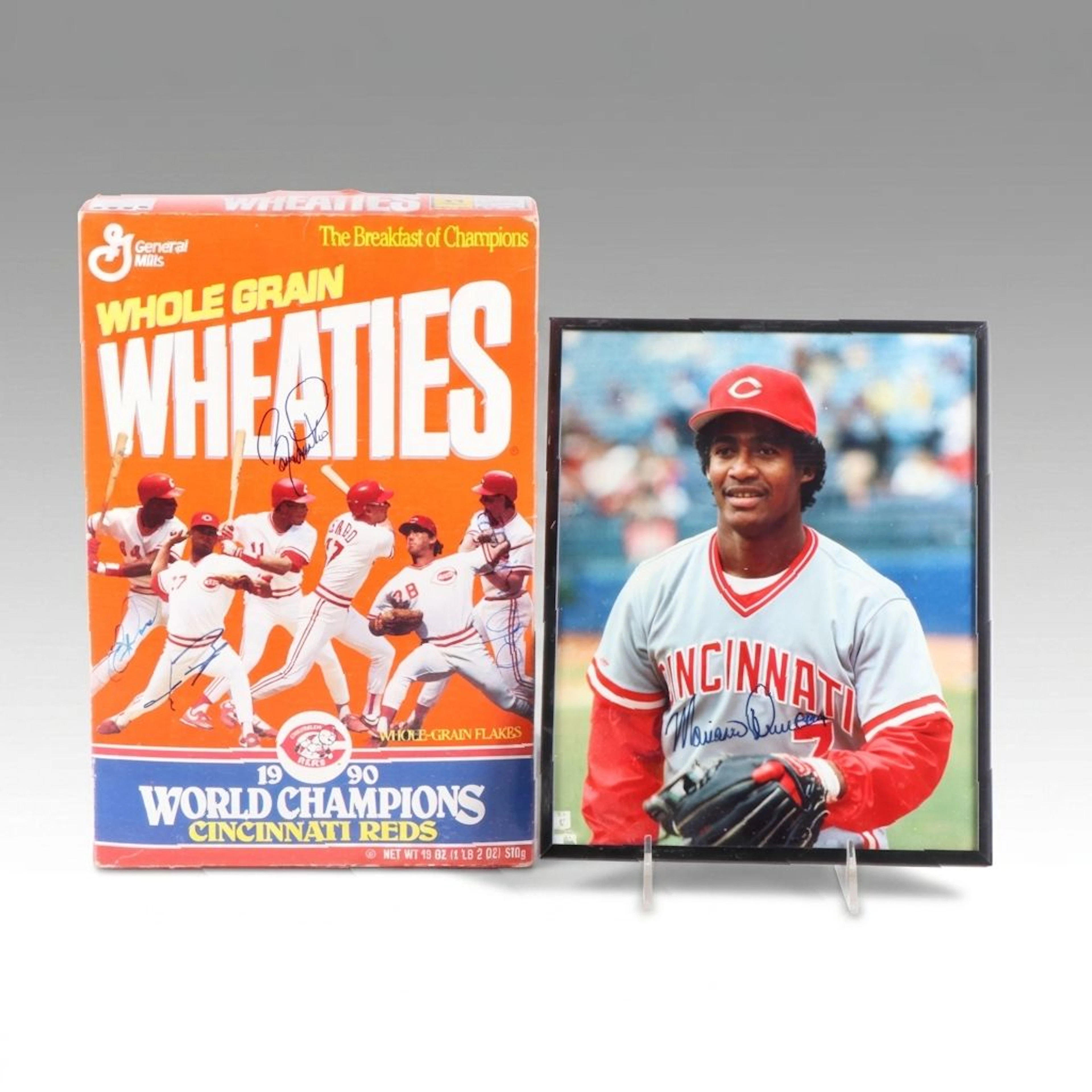 Five 1990 Cincinnati Reds Signatures, Wheaties Box and Photo Print
