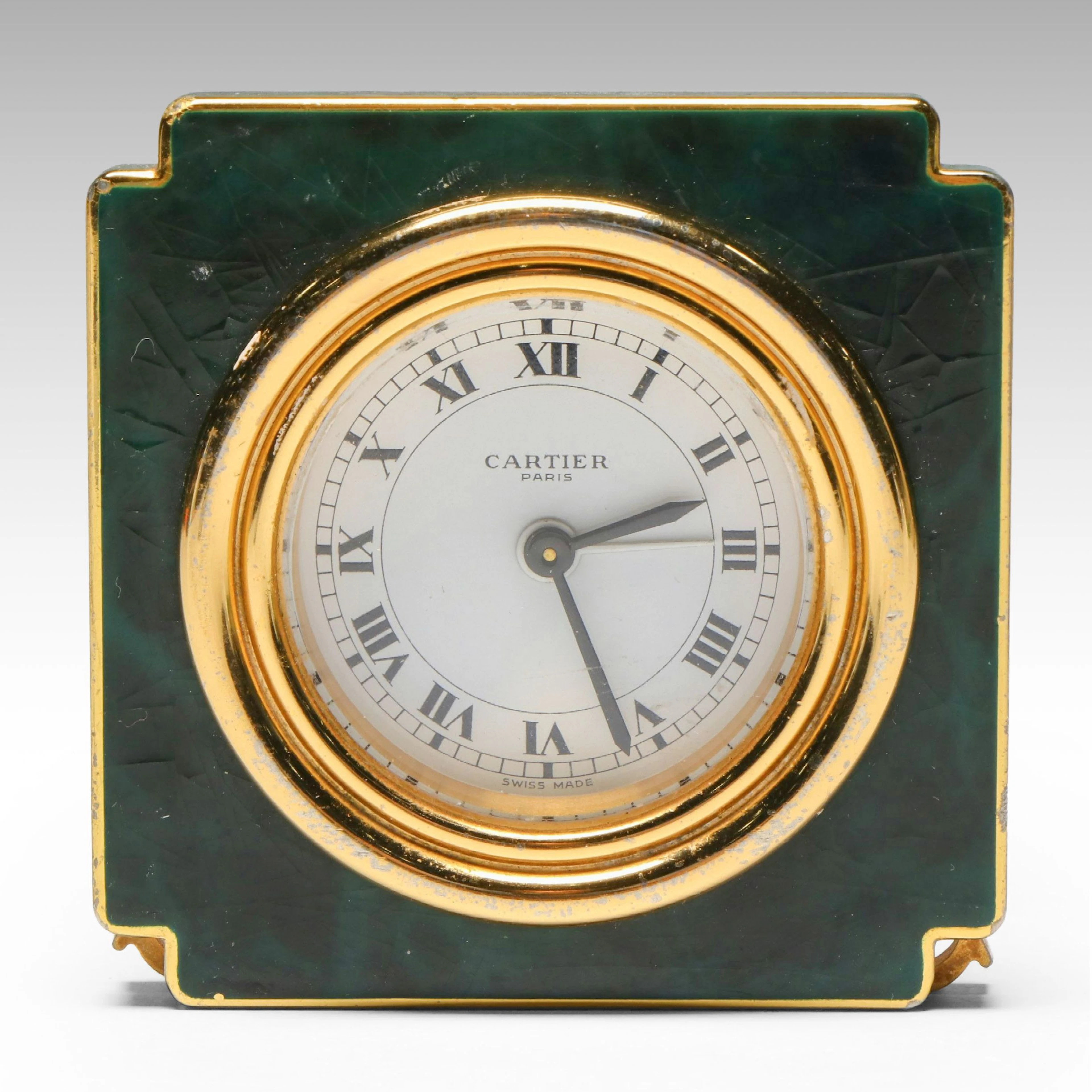 Cartier Art Deco Style Faux Malachite Travel Alarm Clock, 1980s