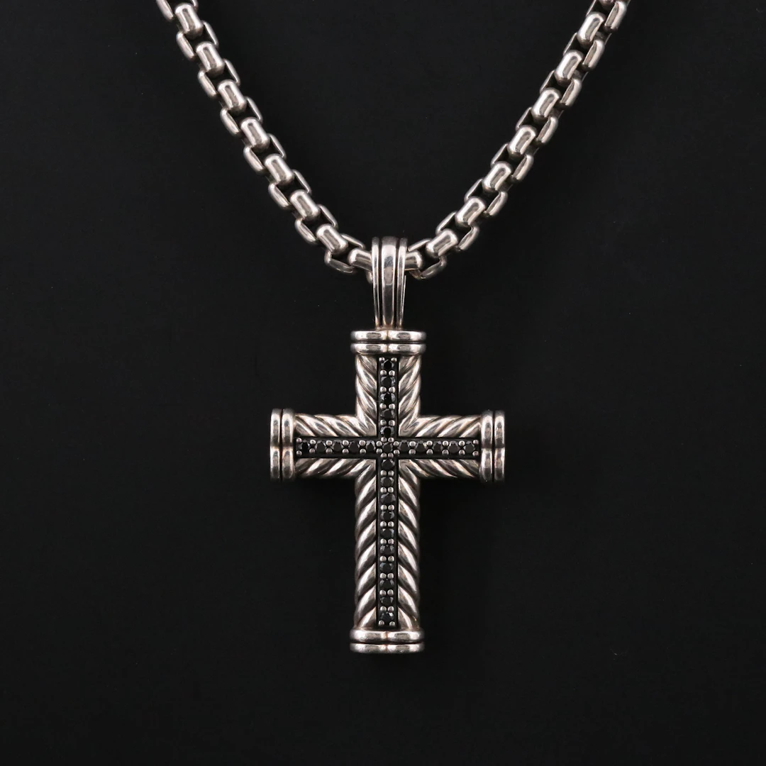 David Yurman Men's Sterling 0.65 CTW Black Diamond Cross Pendant Necklace