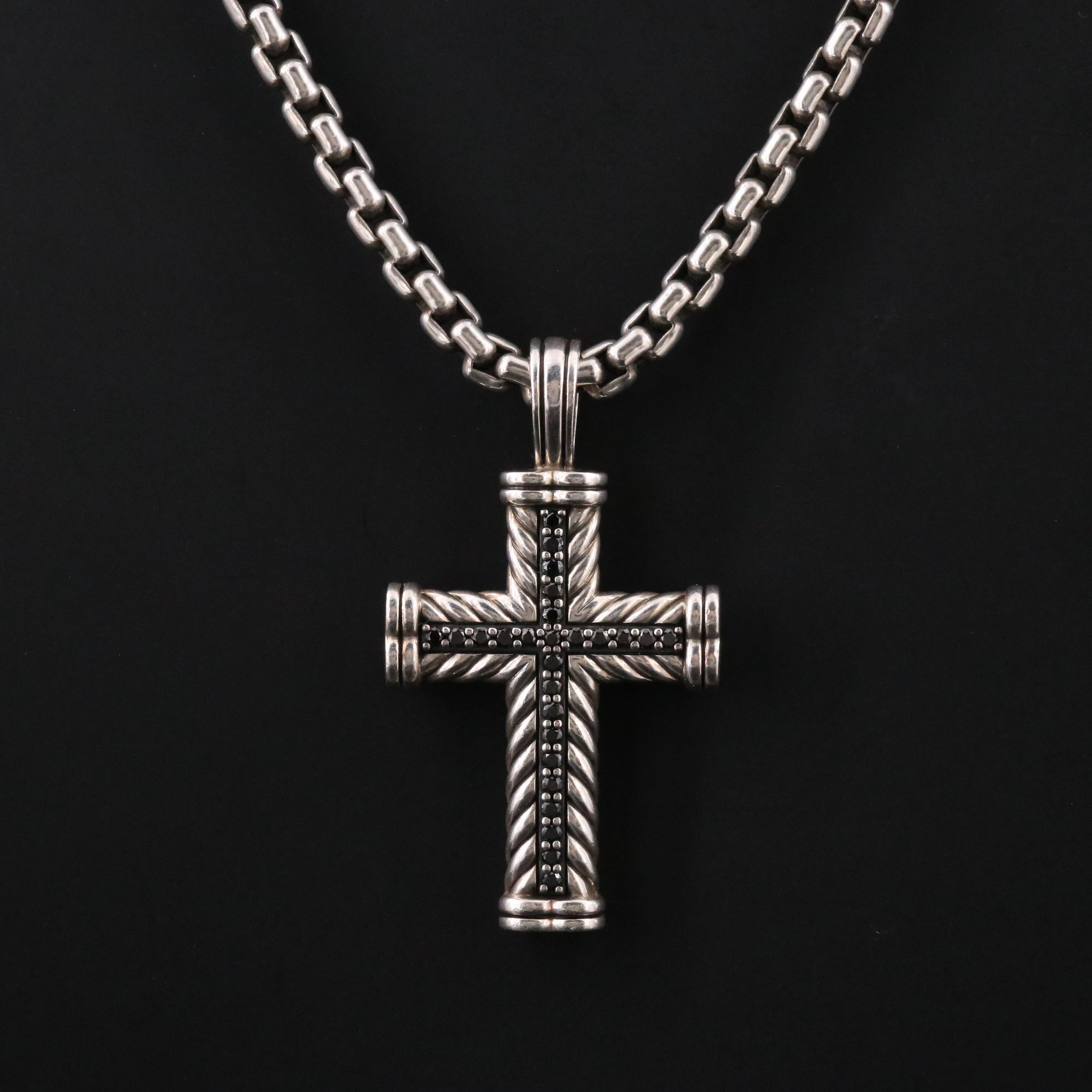 David Yurman Men's Sterling 0.65 CTW Black Diamond Cross Pendant Necklace