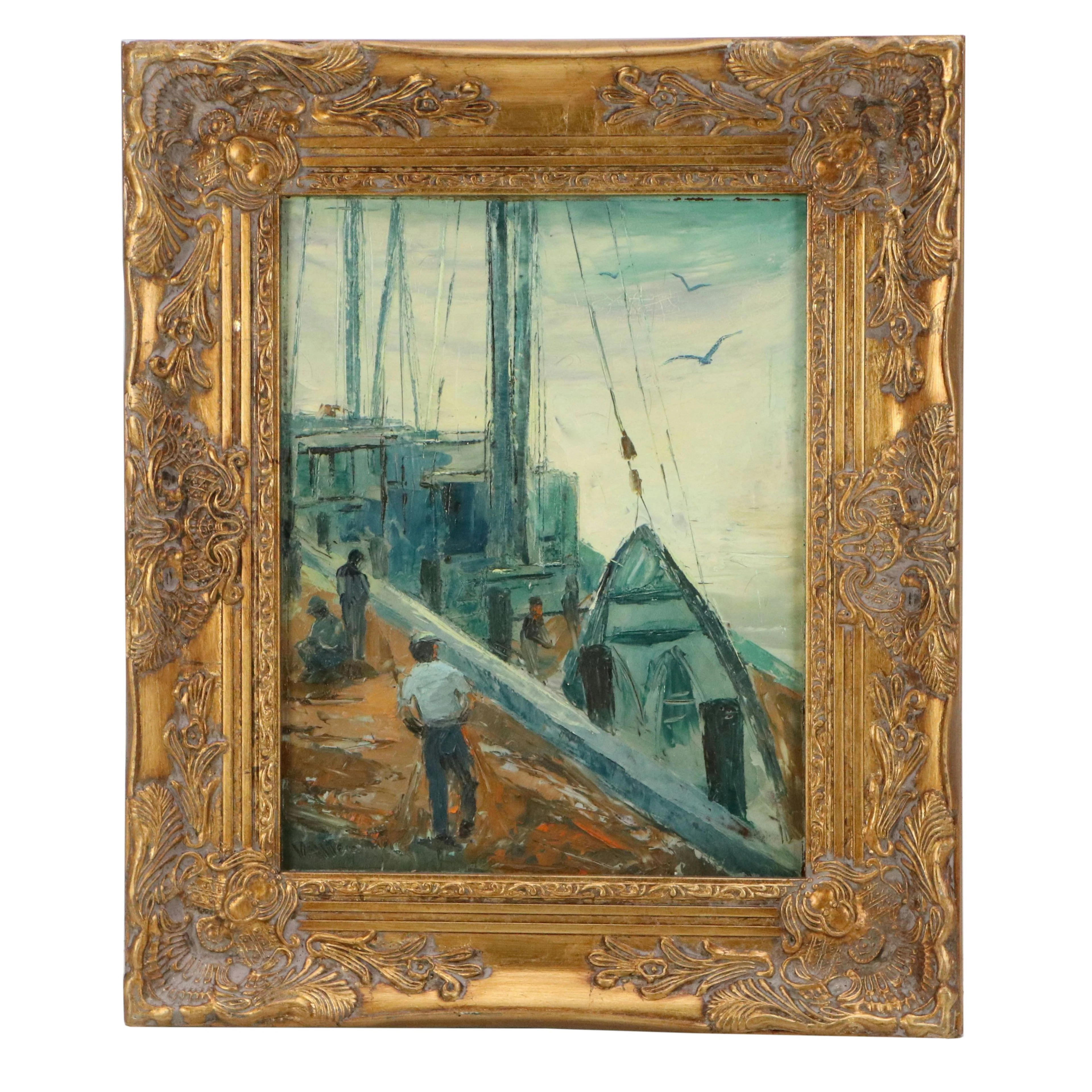Viola Allen Nautical Oil Painting of Dock Scene