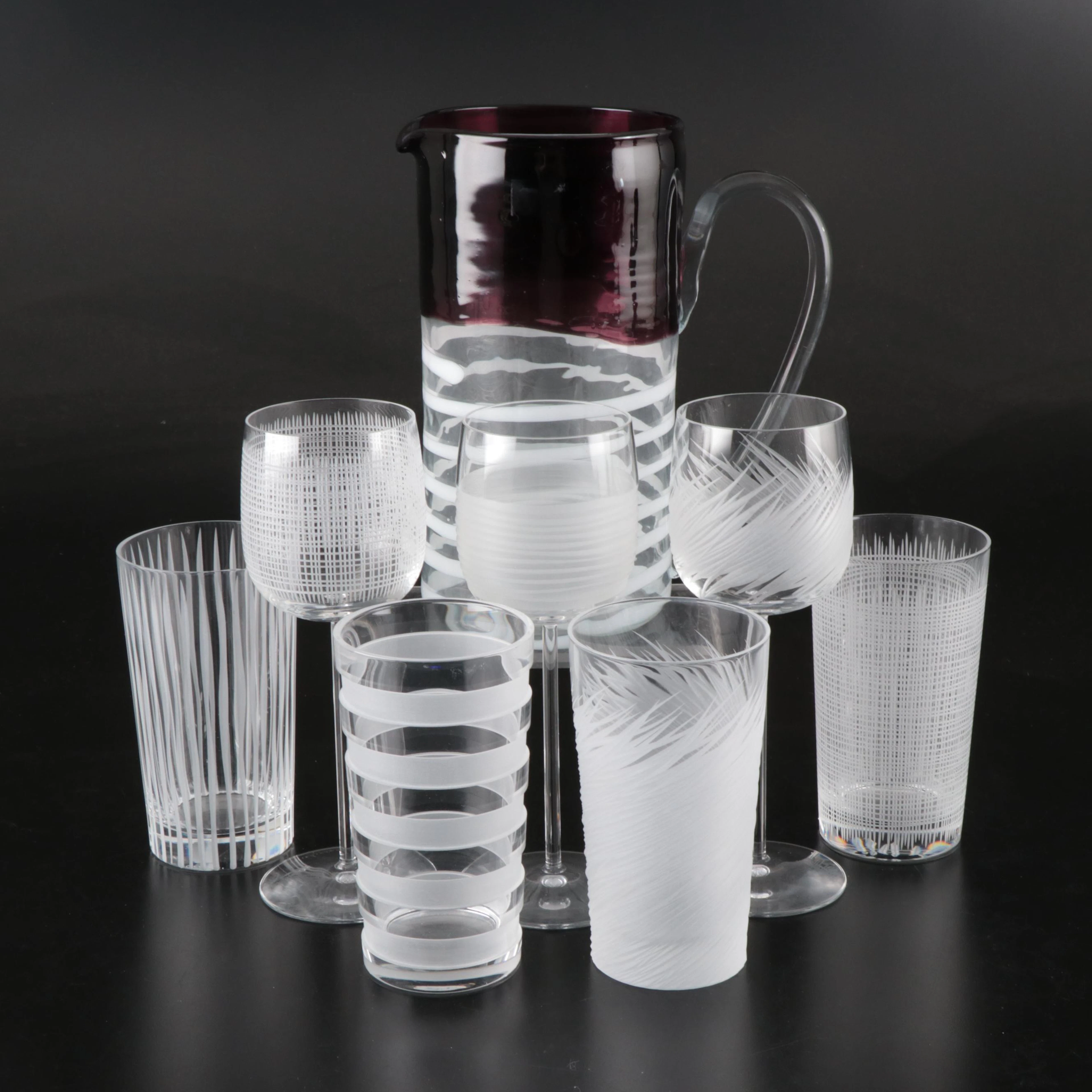 Artist Signed Art Glass Pitcher with Salviati Cut Wine Glasses and Tumblers