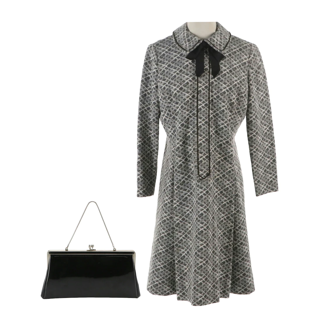 Seymour Paisin Long Sleeve Collared Sheath Dress & Andé Patent Leather Handbag