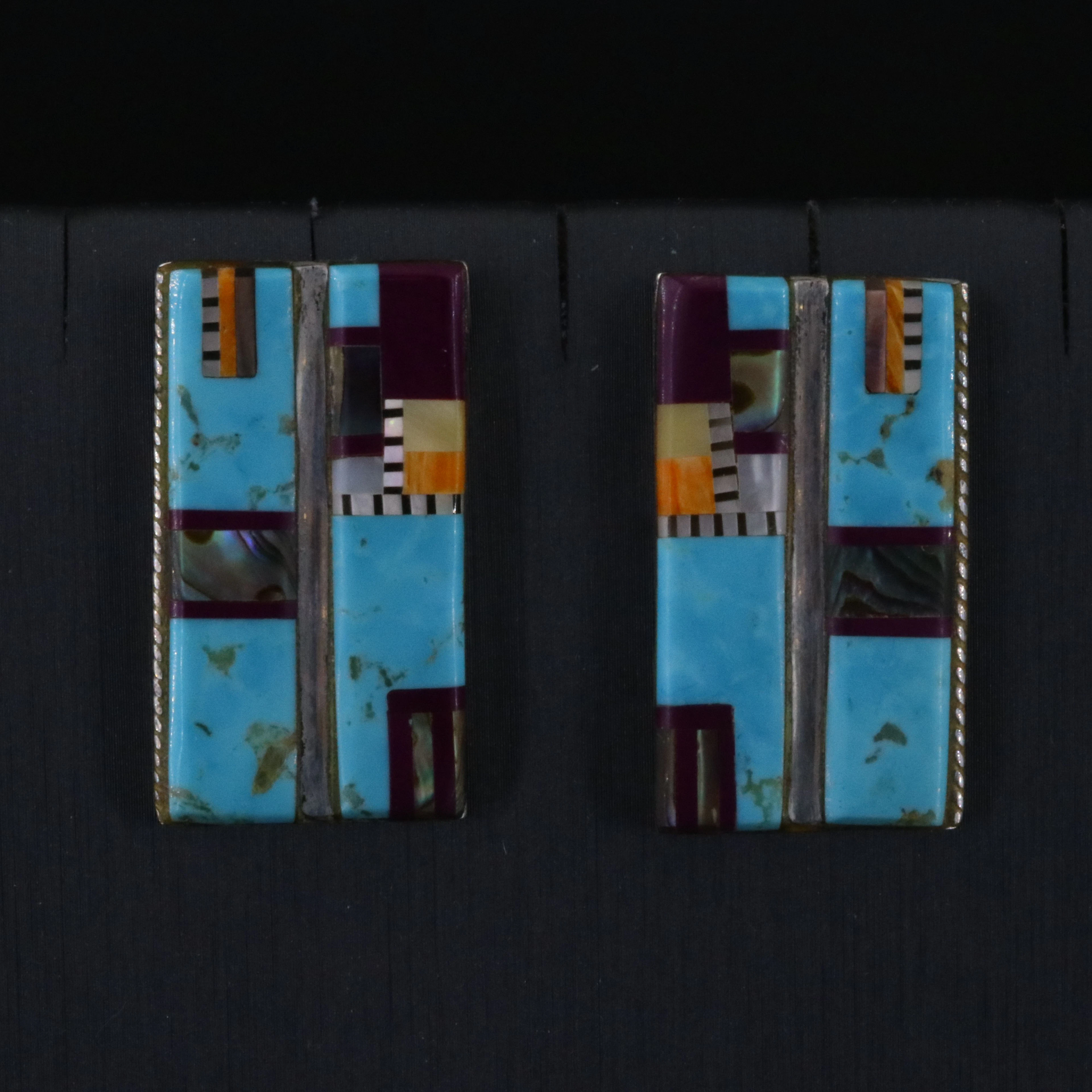 Sterling Inlay Drop Earrings Featuring Abalone, Spiny Oyster and