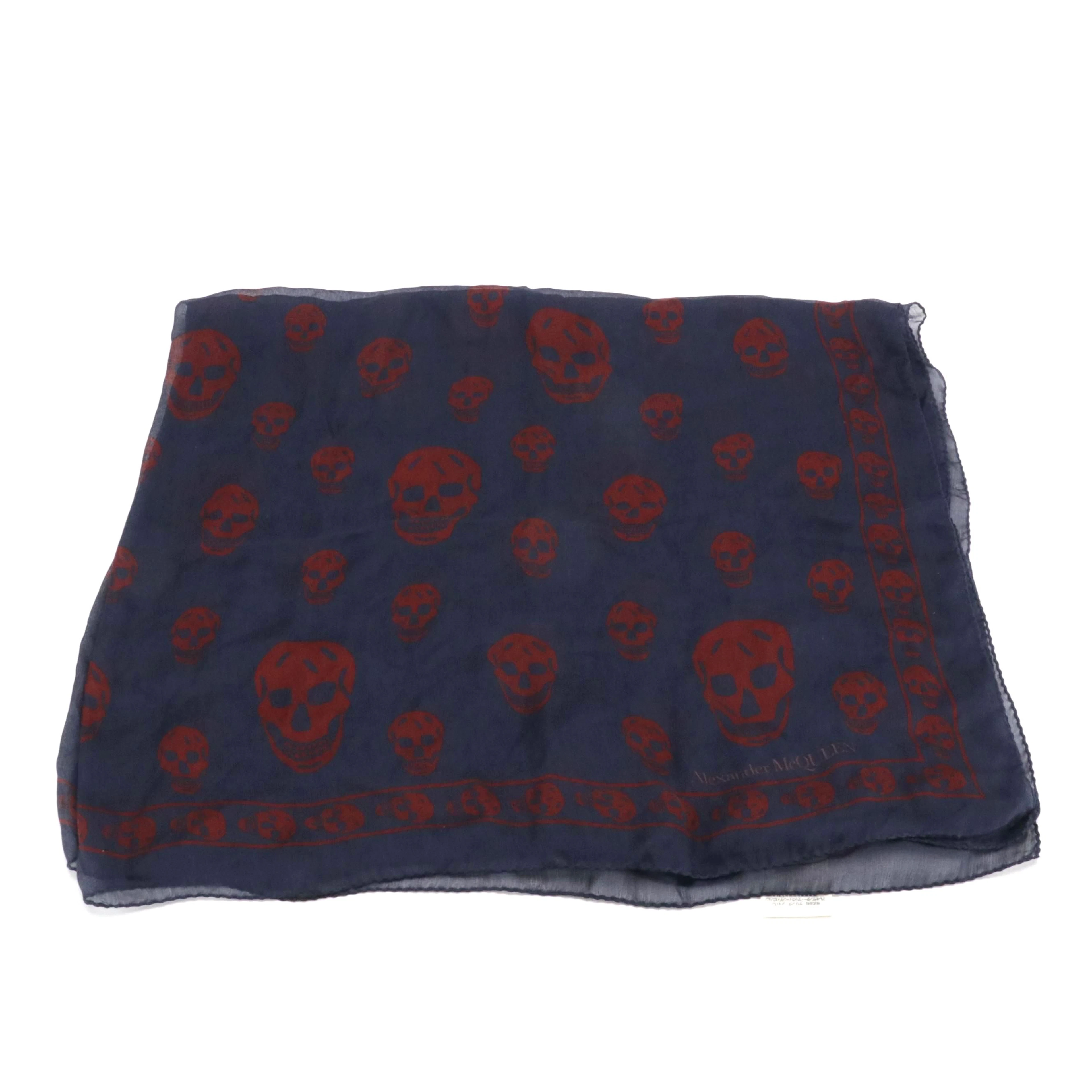 Alexander McQueen Navy Blue and Burgundy Skull Printed Silk Scarf, With Tag