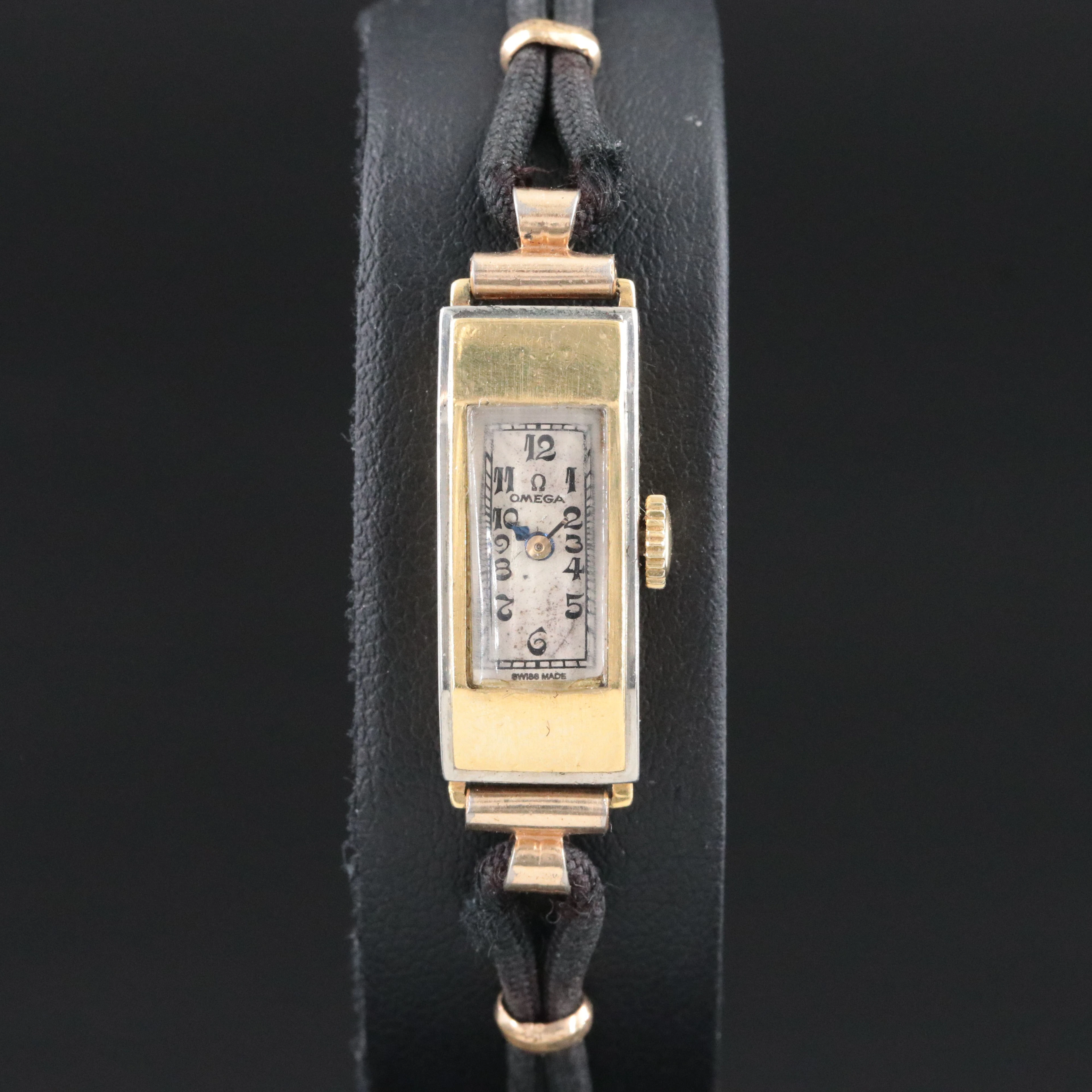 Antique Omega 18K Yellow Gold White Trim Hinged Tank Case Watch
