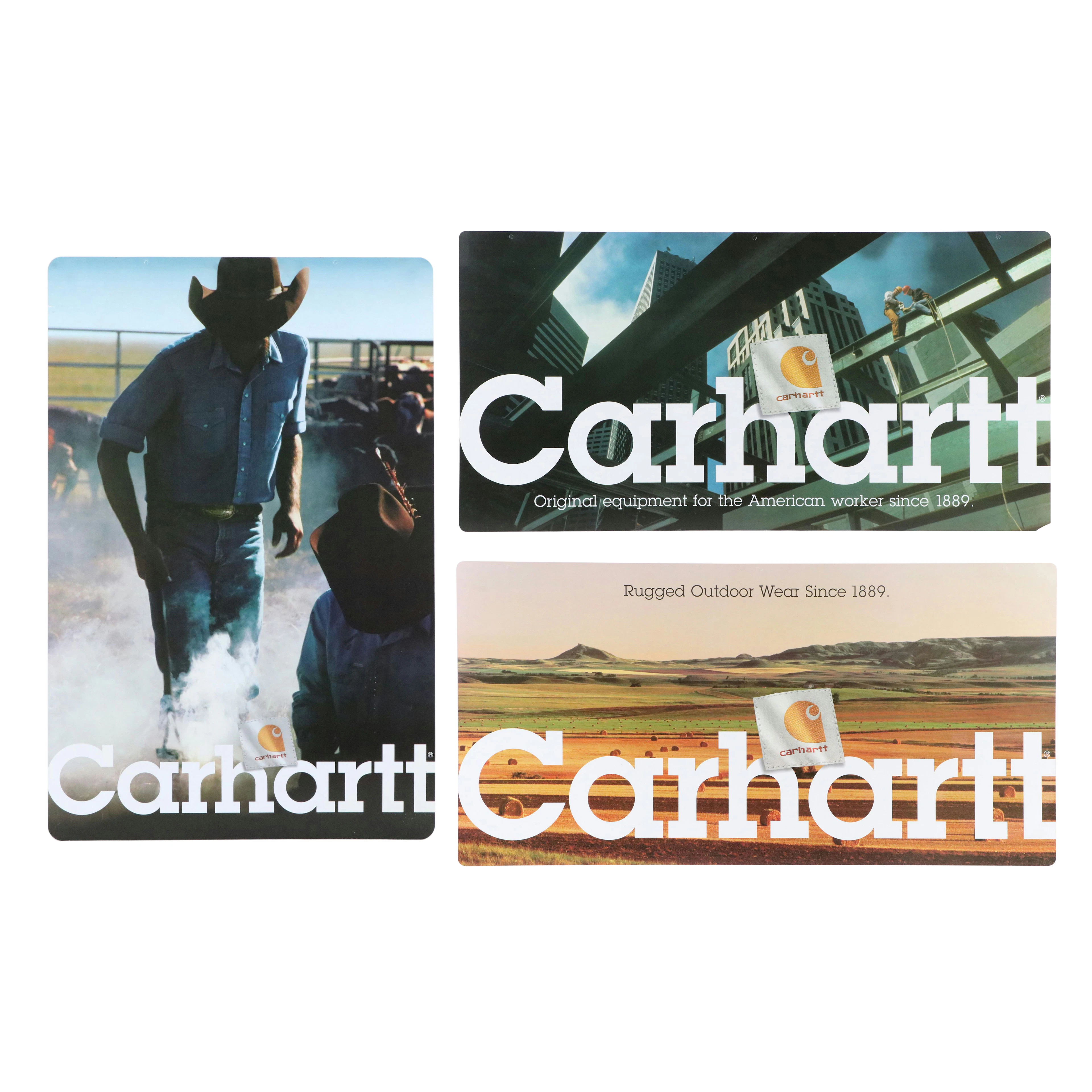 Set of Three Offset Lithograph Carhartt Advertisements, Late 20th Century