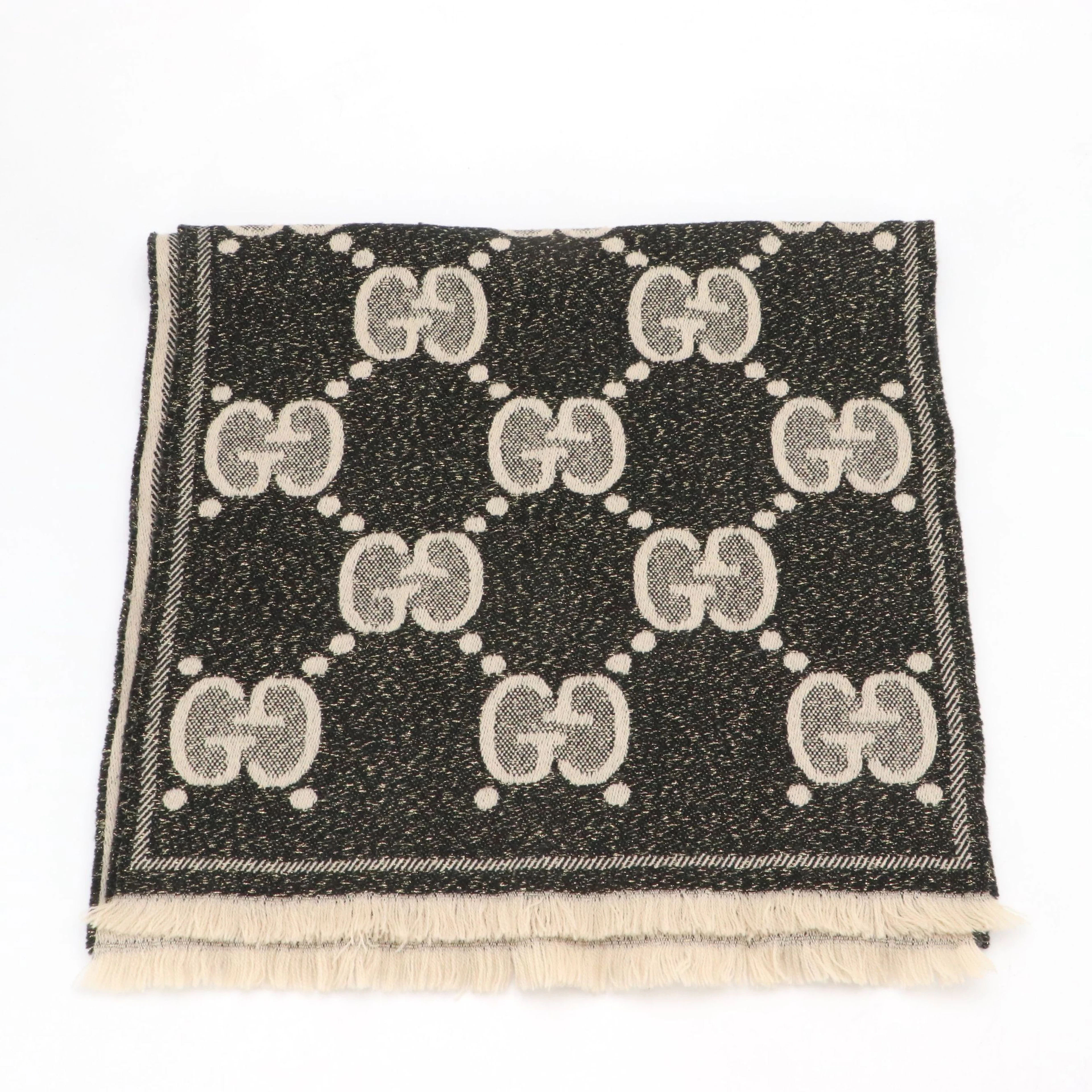 Gucci Reversible Black and Beige GG Wool Fringe Scarf, With Box