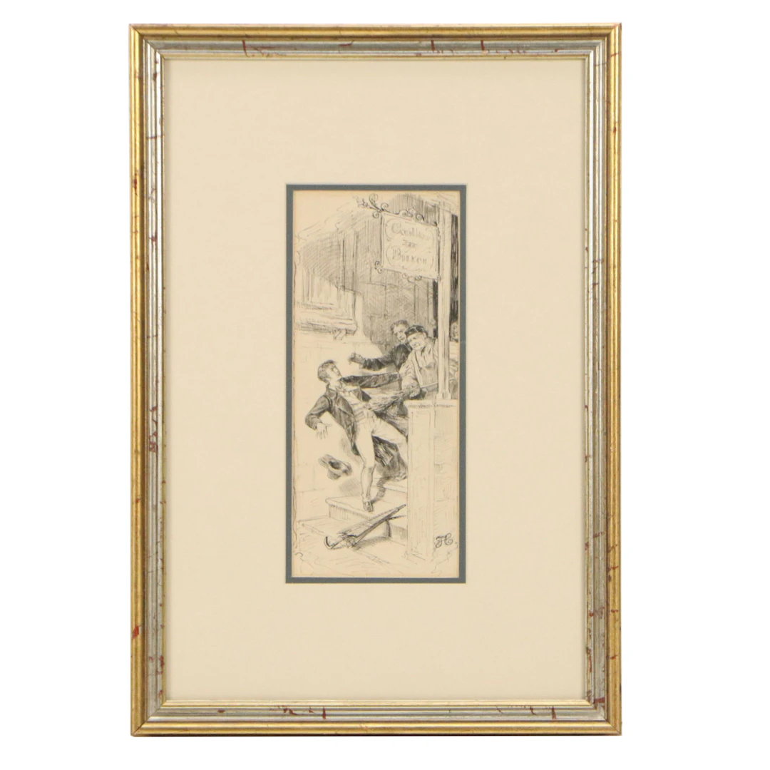 Attr. to Frederick s. Church Ink Illustration of Man Being Expelled from Shop