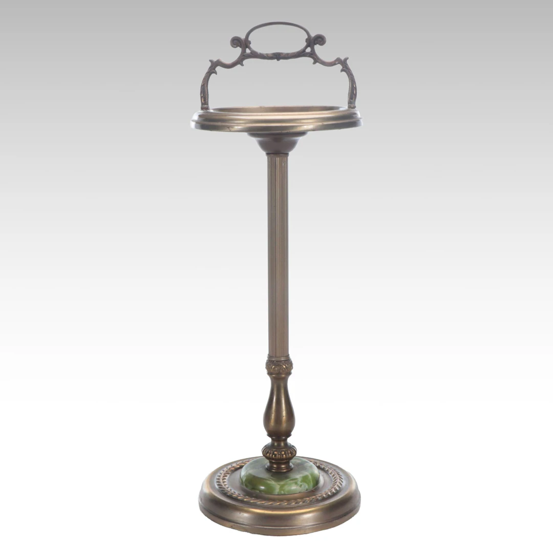 Edwardian Style Brass Tone and Calcite Standing Ashtray, Early to Mid-20th C