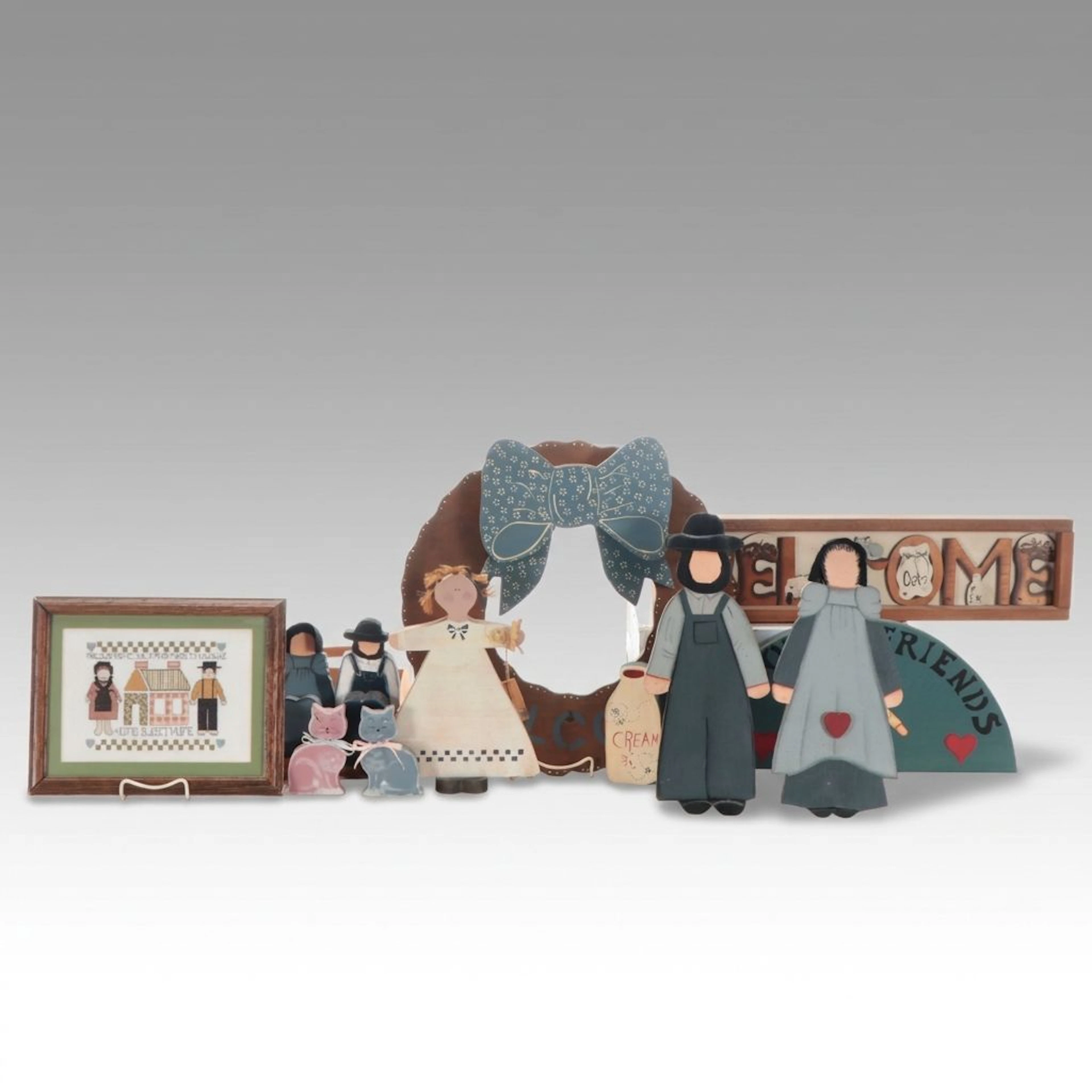 American Primitive Wood Welcome Signs with Framed Needlepoint and More Décor