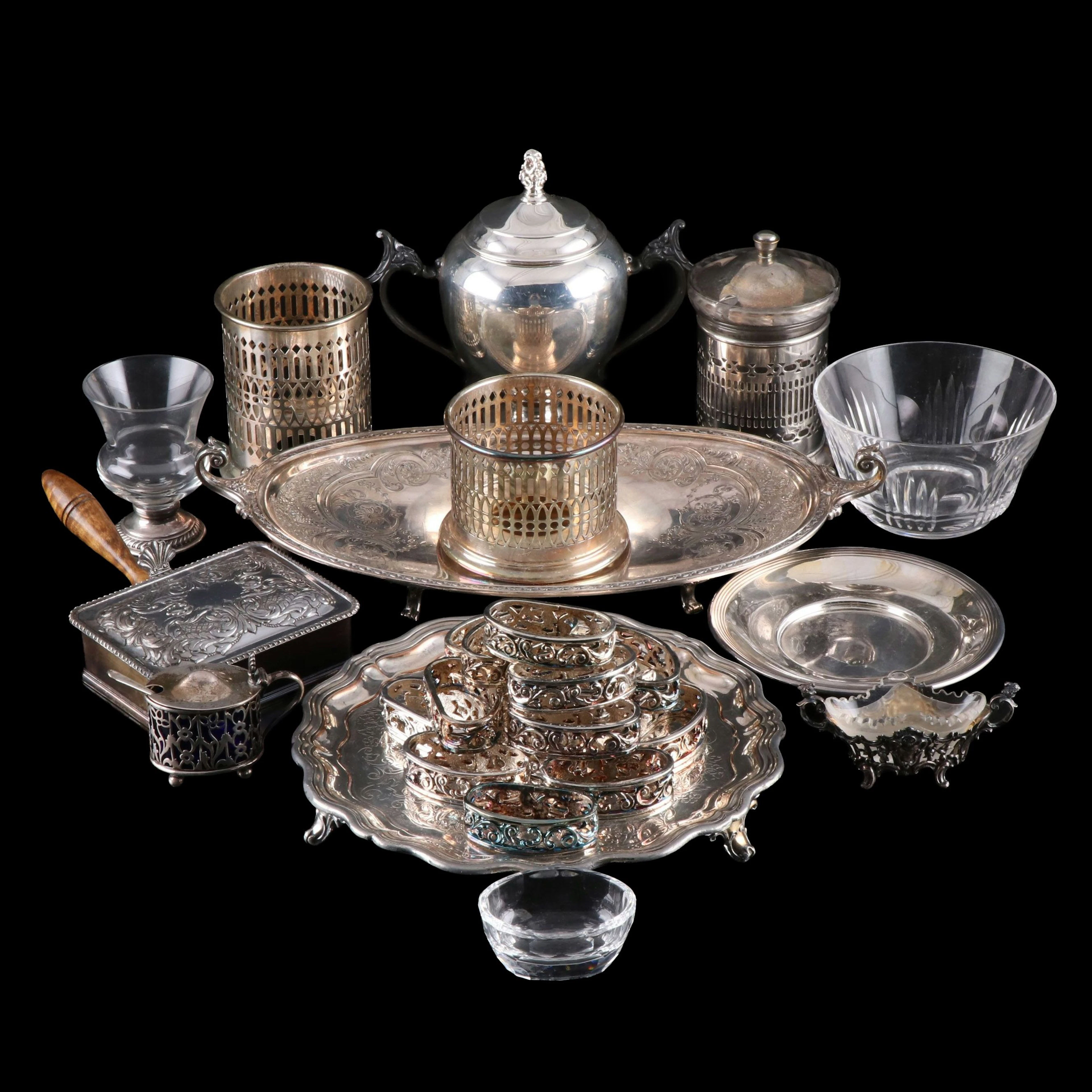 Wilcox "Paisley" Serving Tray with Sterling Silver Lidded Sugar and More