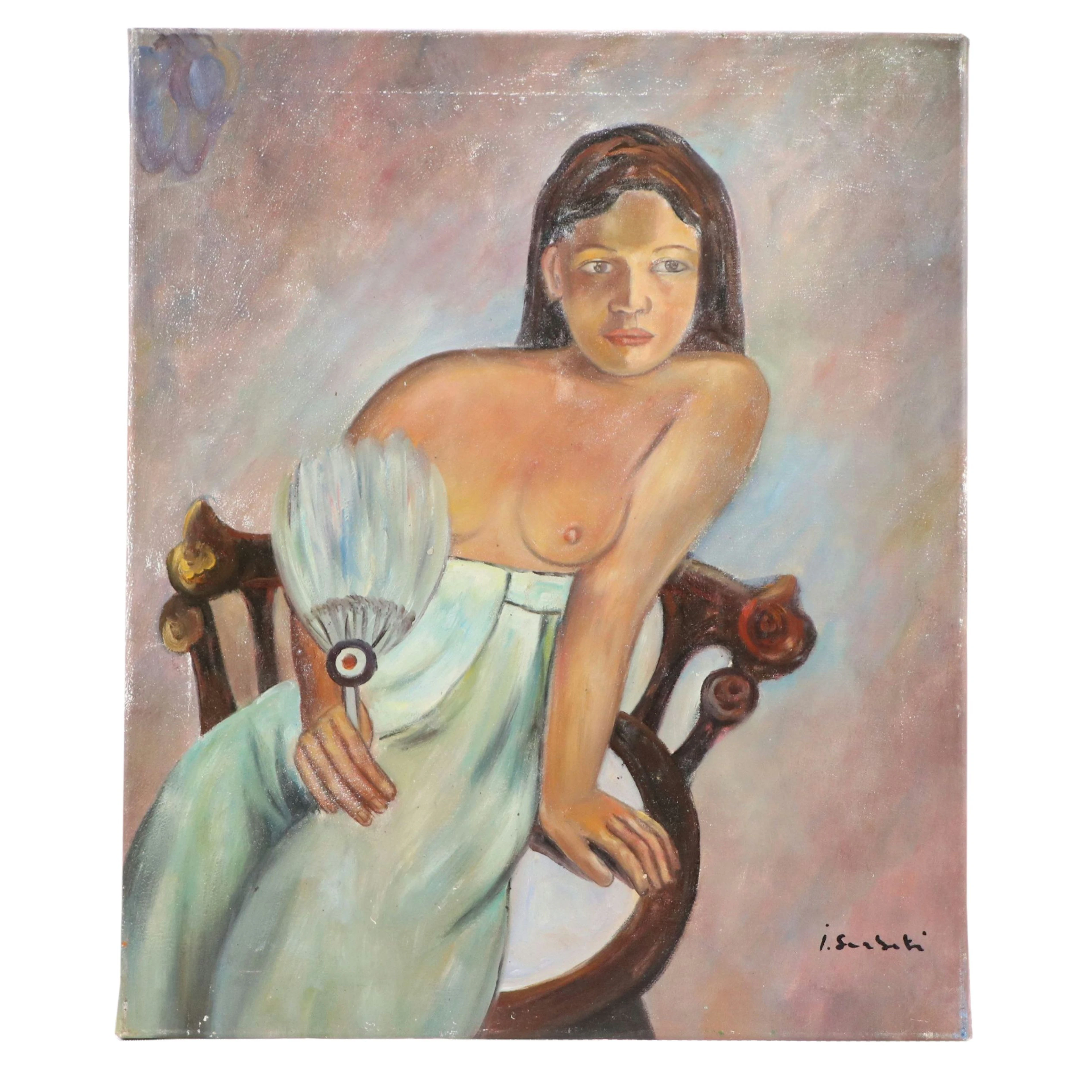 Oil Painting After Paul Gauguin "Young Girl with Fan," Late 20th to