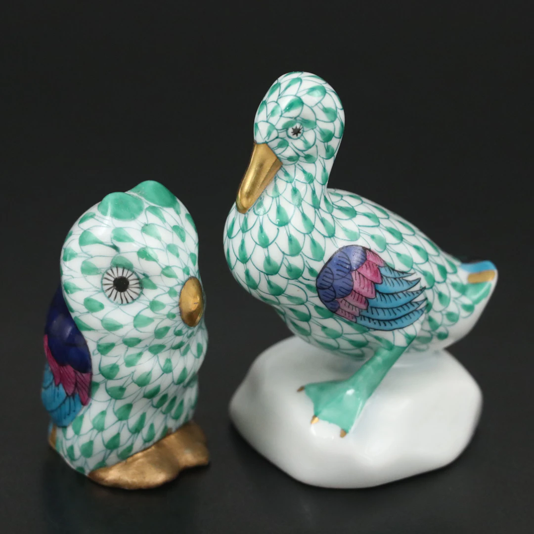 Herend Green Fishnet with Gold "Duck" and "Owl" Porcelain Figurines
