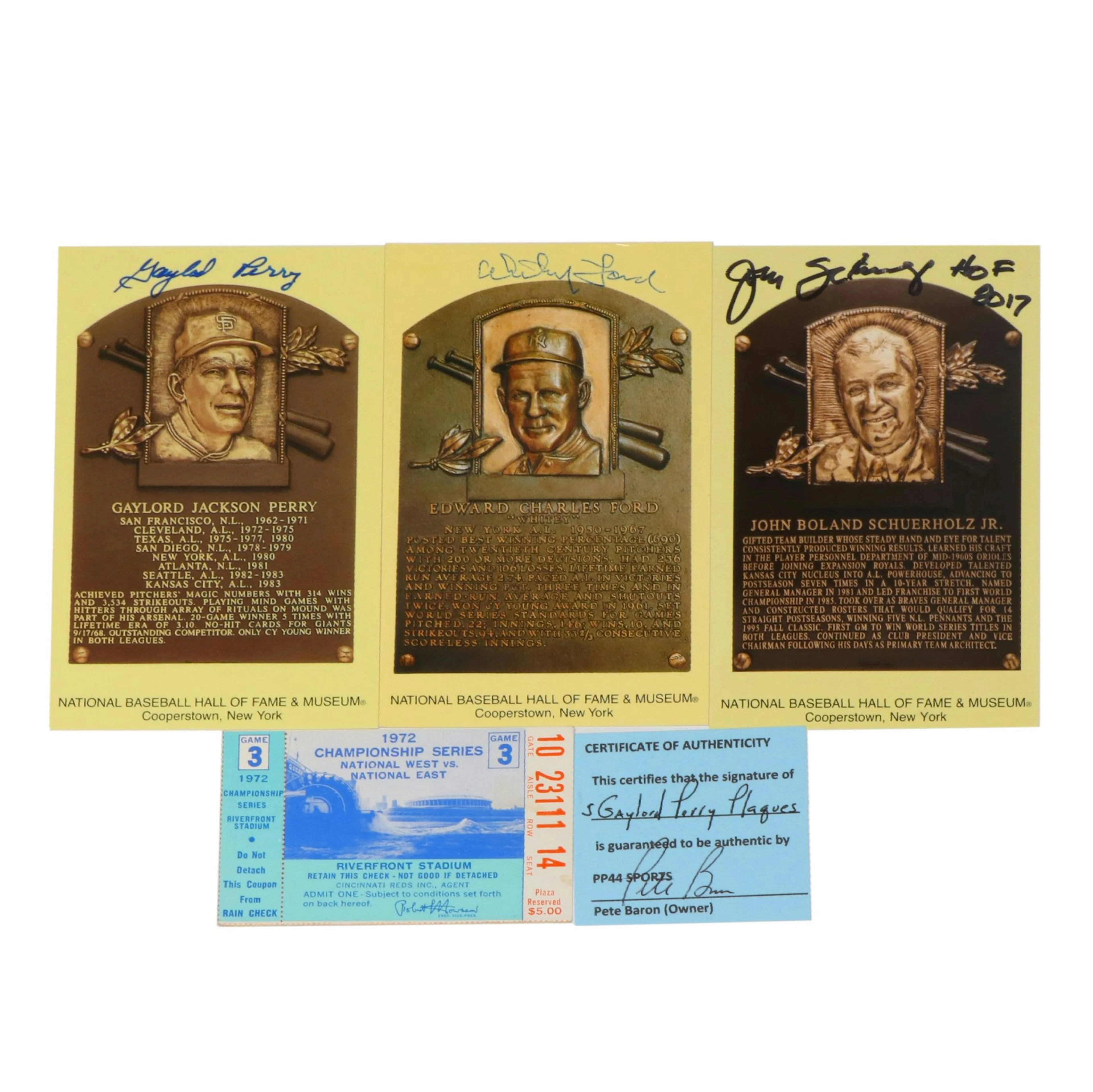 Whitey Ford Signed HOF Postcard with 1972 NLCS Ticket Stub and More