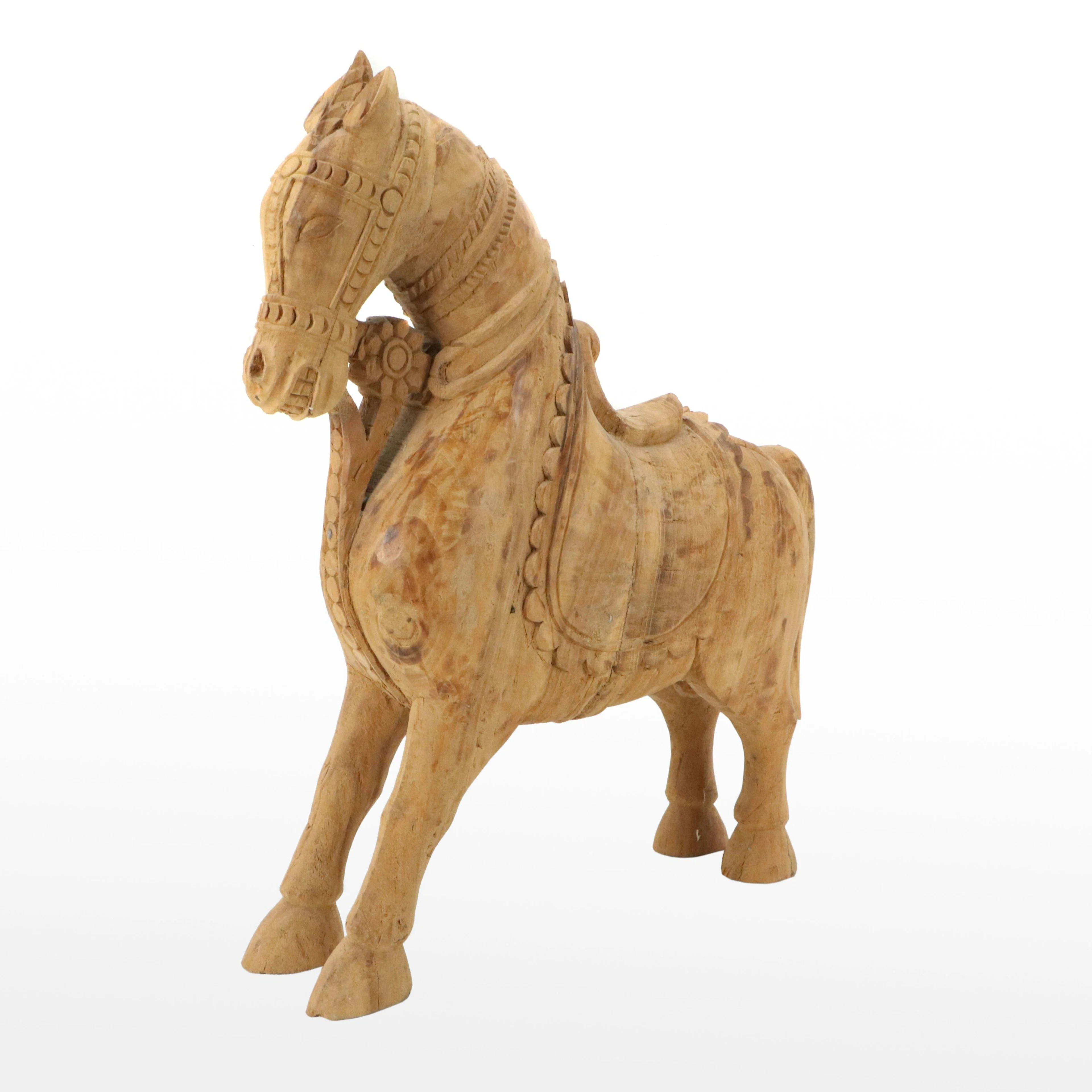 Indian School Hand-Carved Sculpture of Warhorse