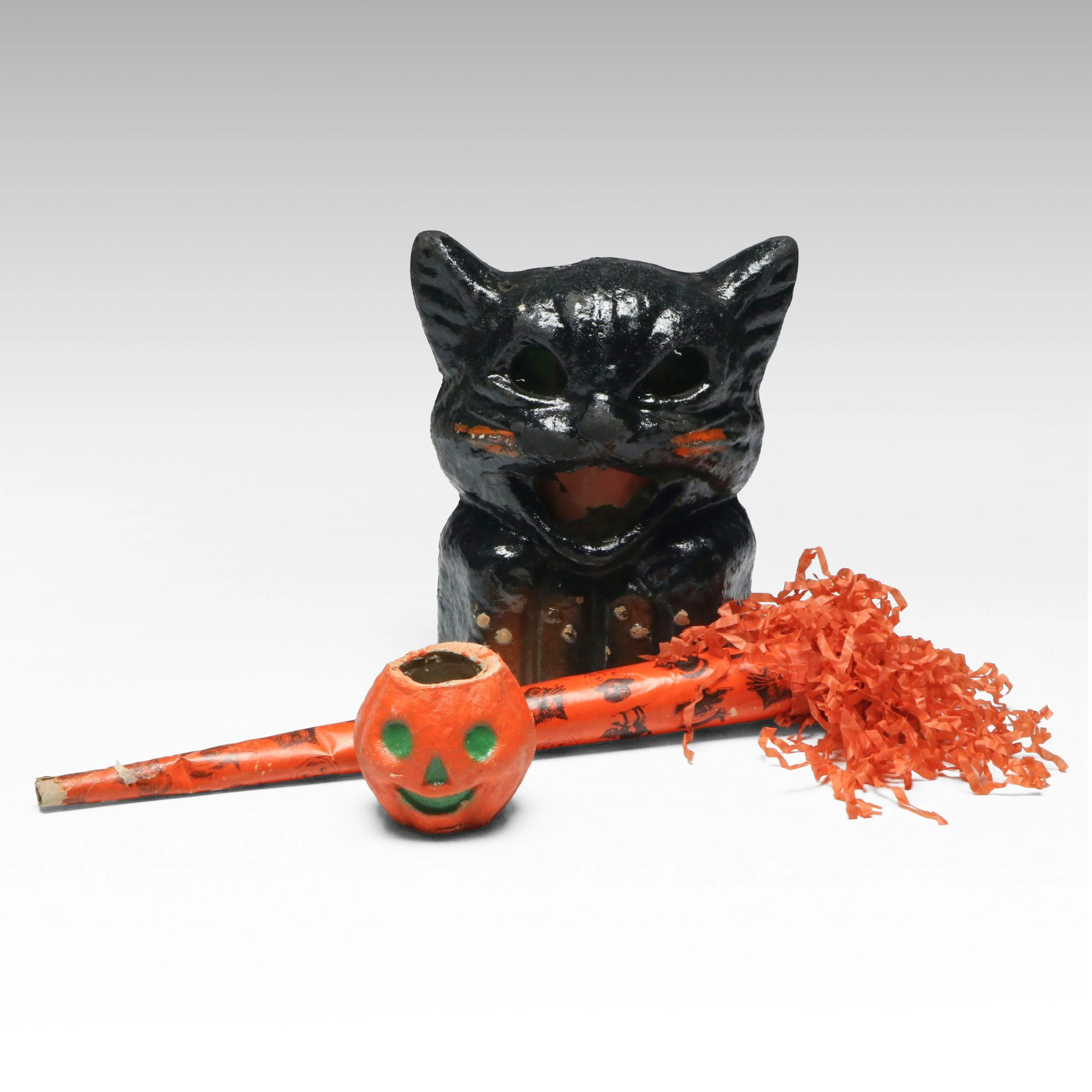 Halloween Papier-mâché Black Cat and Pumpkin Jack-O'-Lanterns and Noisemaker