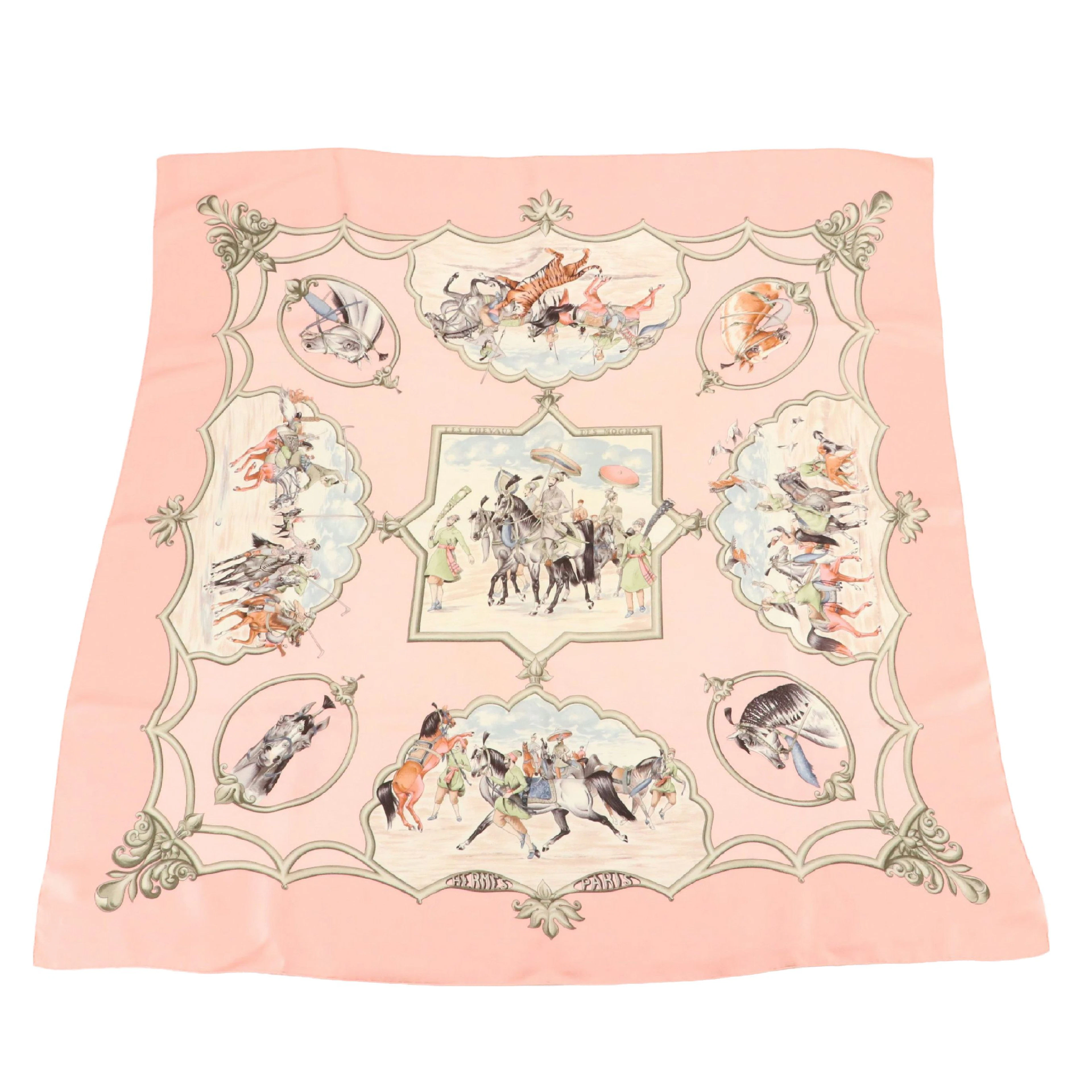 Hermès "Les Chevaux Des Moghols" Scarf 90 in Pink Silk Twill