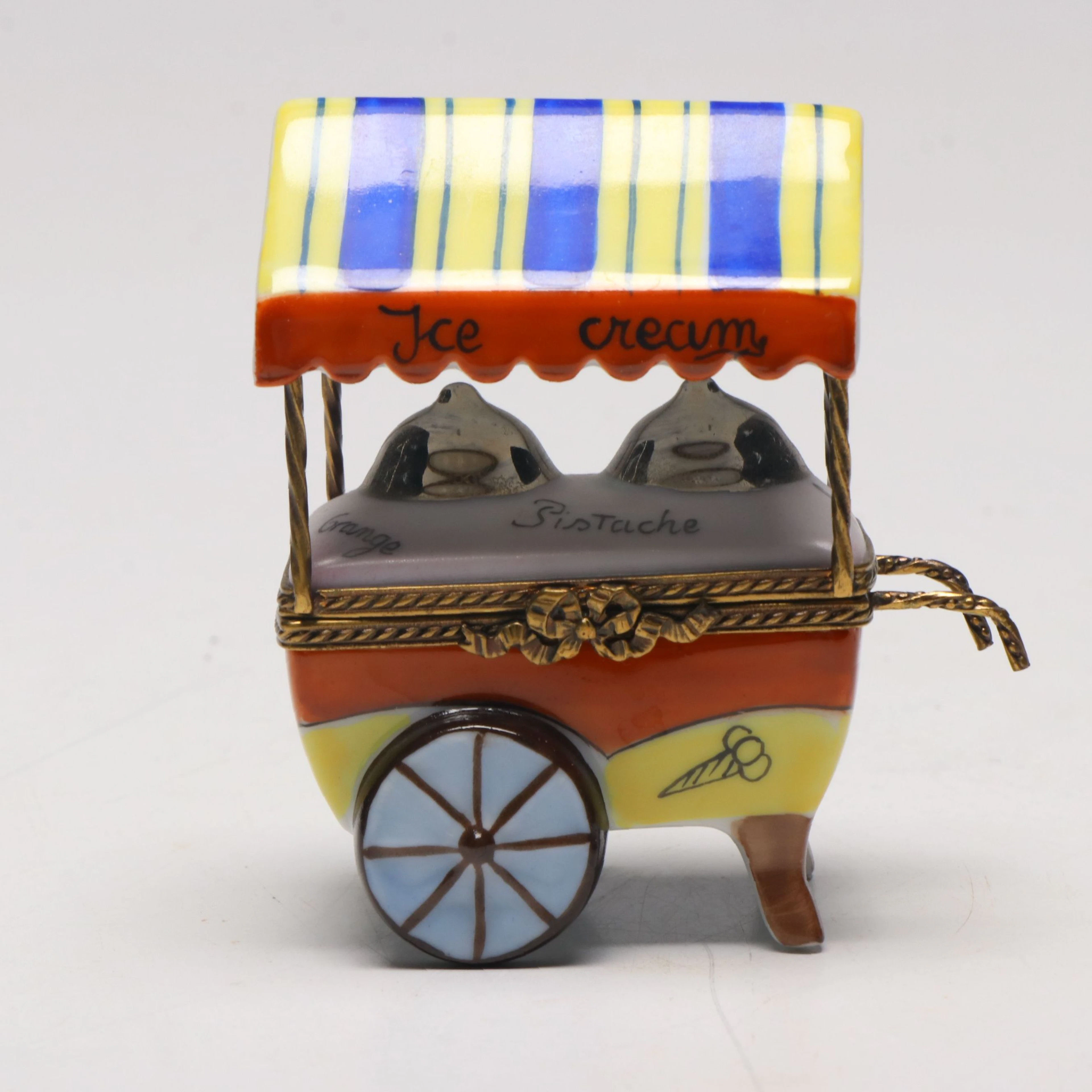 Hand-Painted Ice Cream Cart Form Porcelain Limoges Box signed L.L.L.