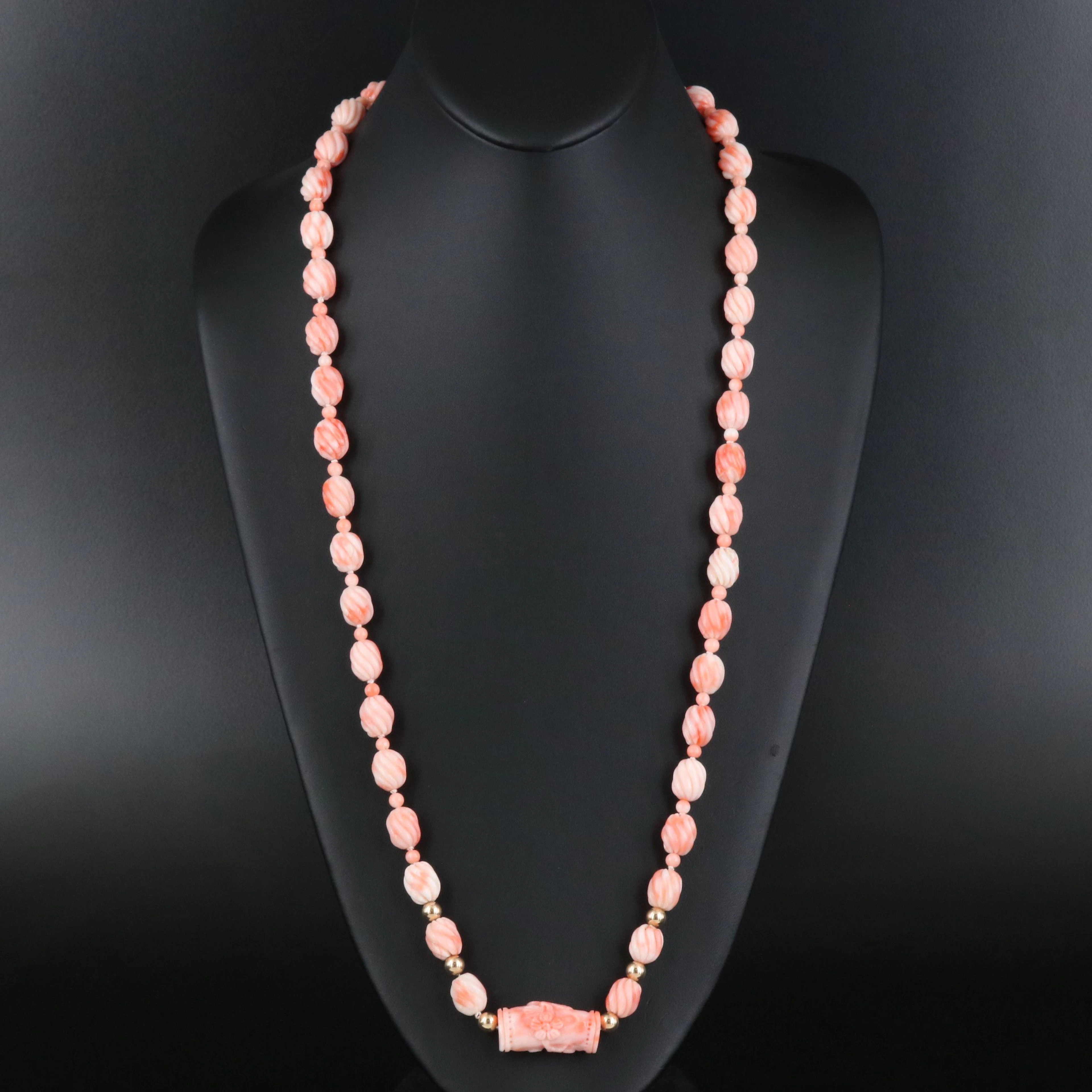 Carved Coral Bead Necklace with 14K Beads