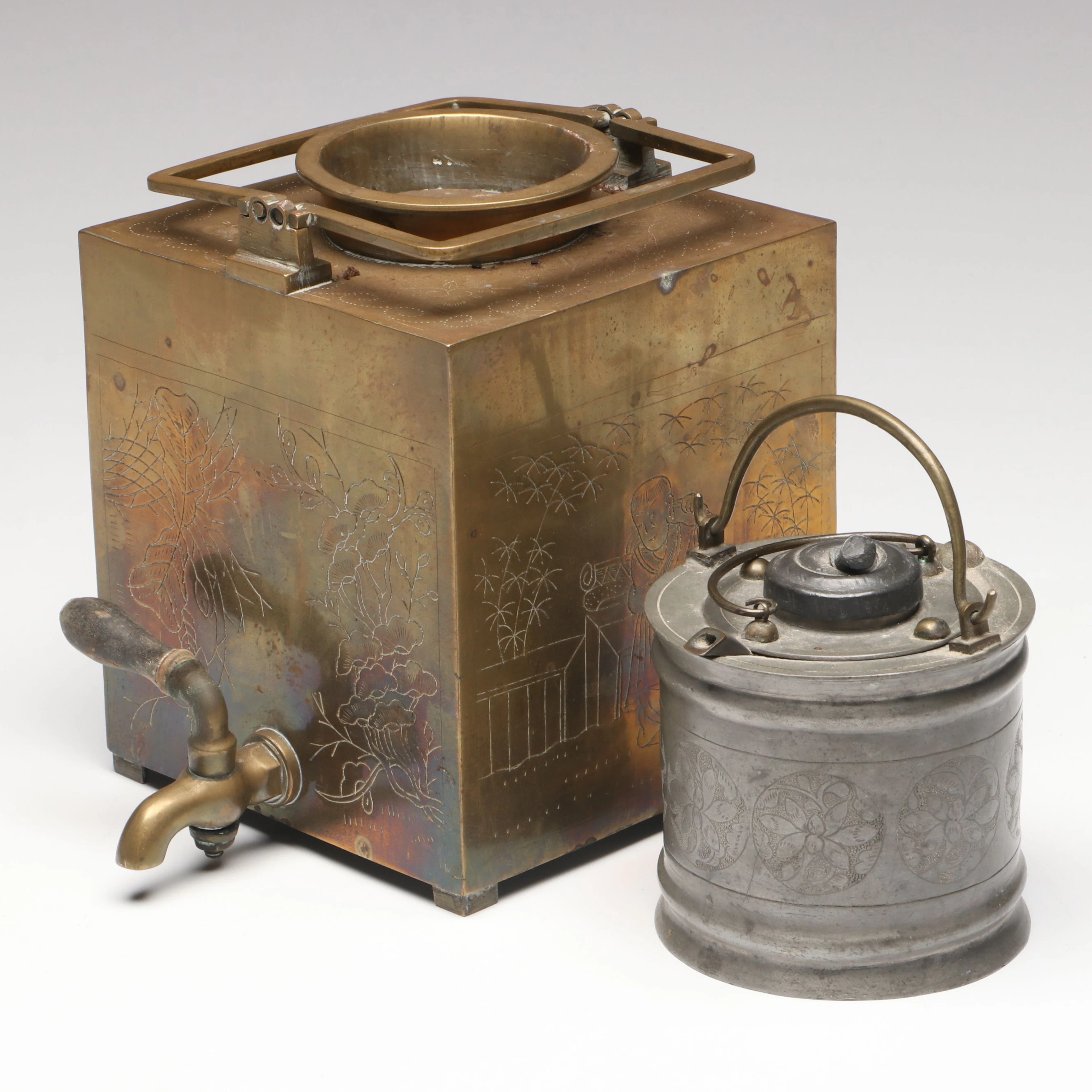 Chinese Etched Brass Samovar and Tin Teapot, Late 19th to Early 20th Century