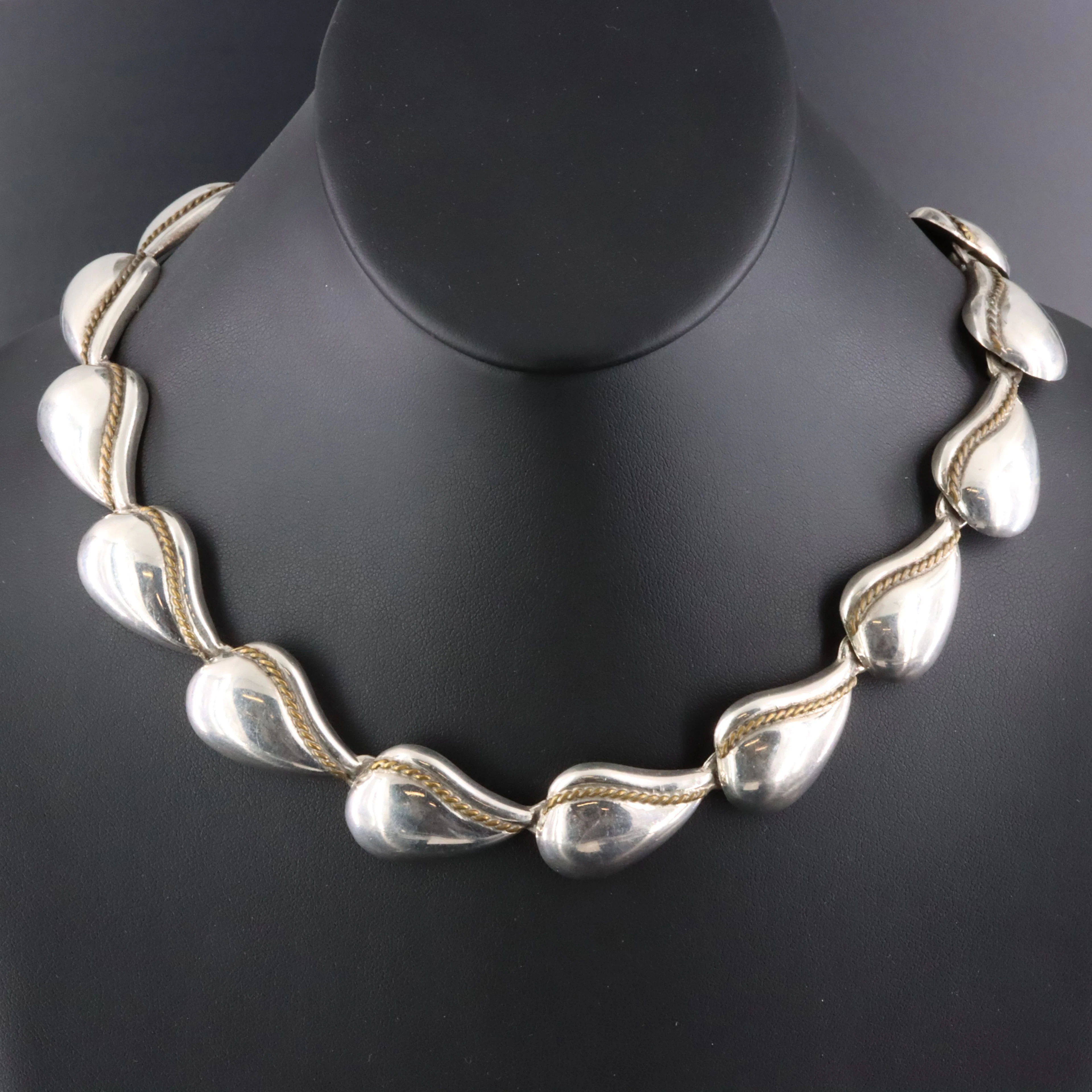 Mexican Sterling Drop Link Necklace with Brass Accents