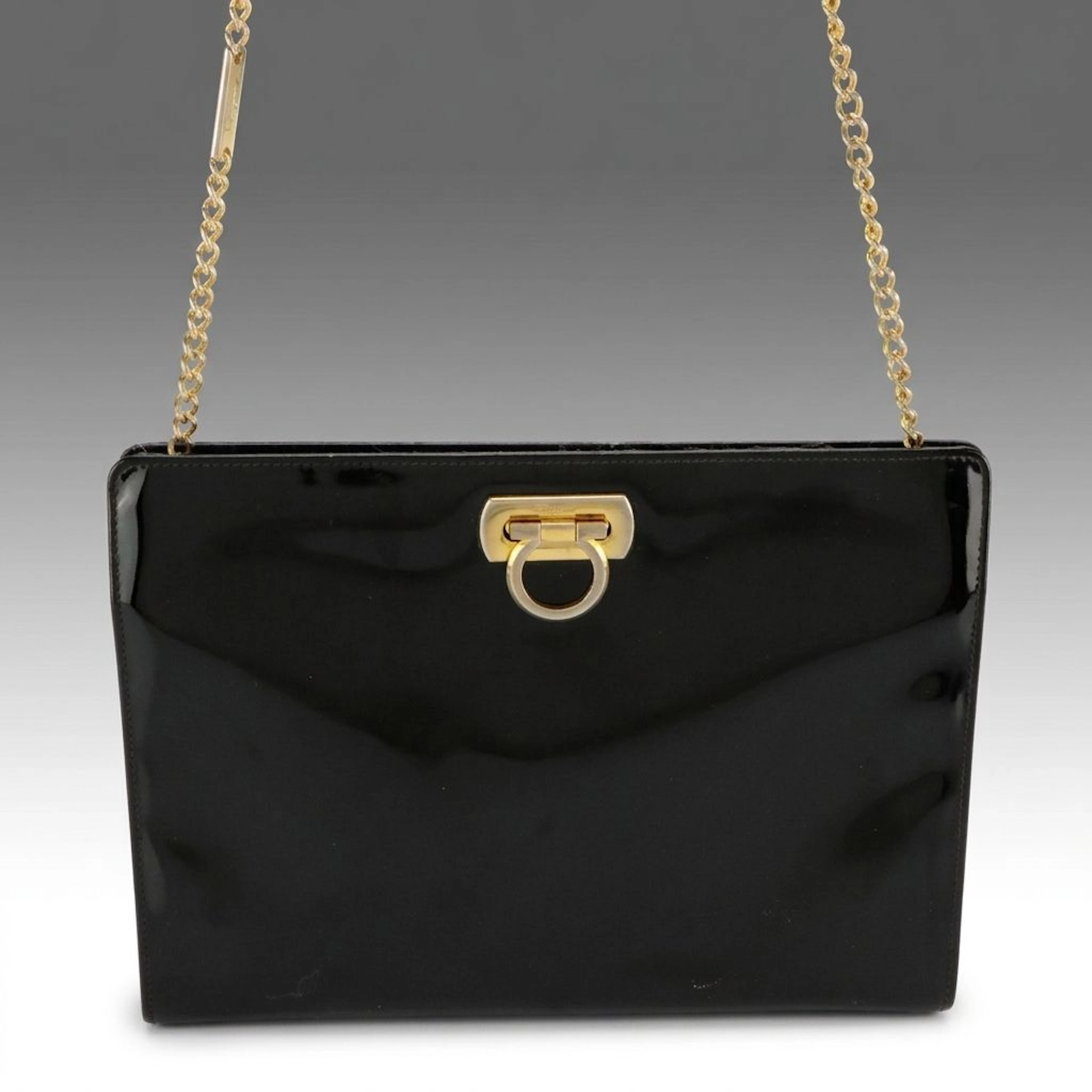 Salvatore Ferragamo Gancini Closure Chain Shoulder Bag in Black Patent Leather