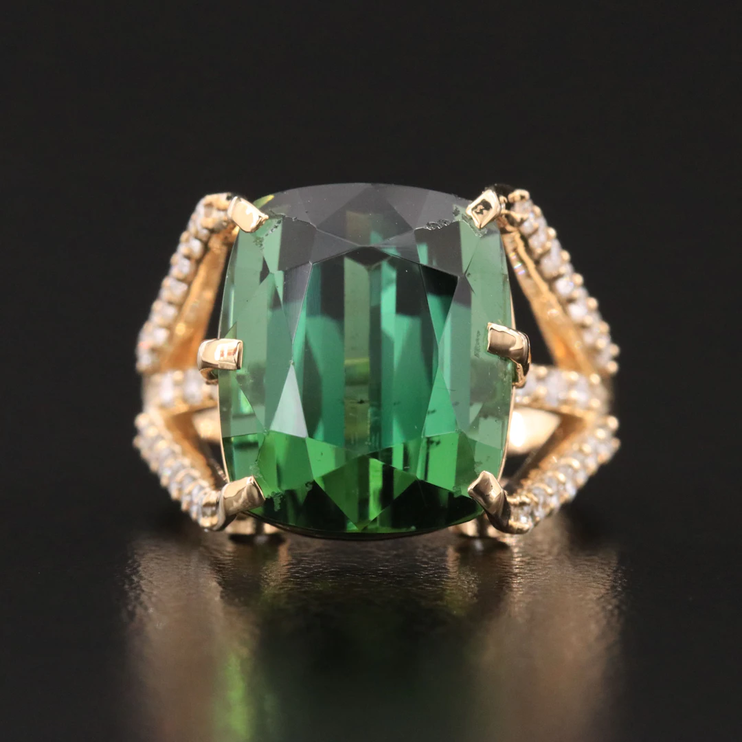 14K 14.89 CT Tourmaline and 0.97 CTW Diamond Ring with GIA Report