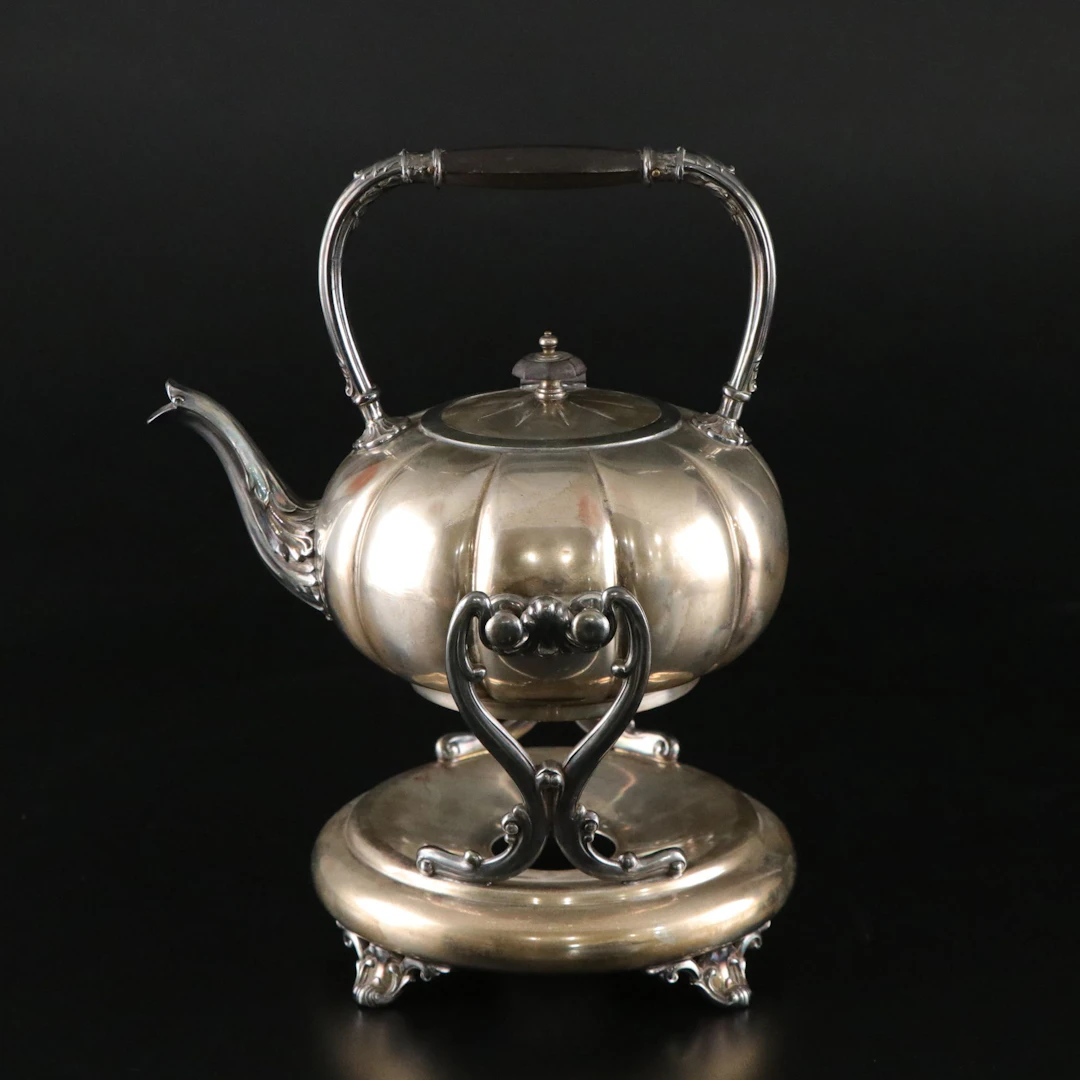 Silver Plate Tea Kettle and Warming Stand with Burner