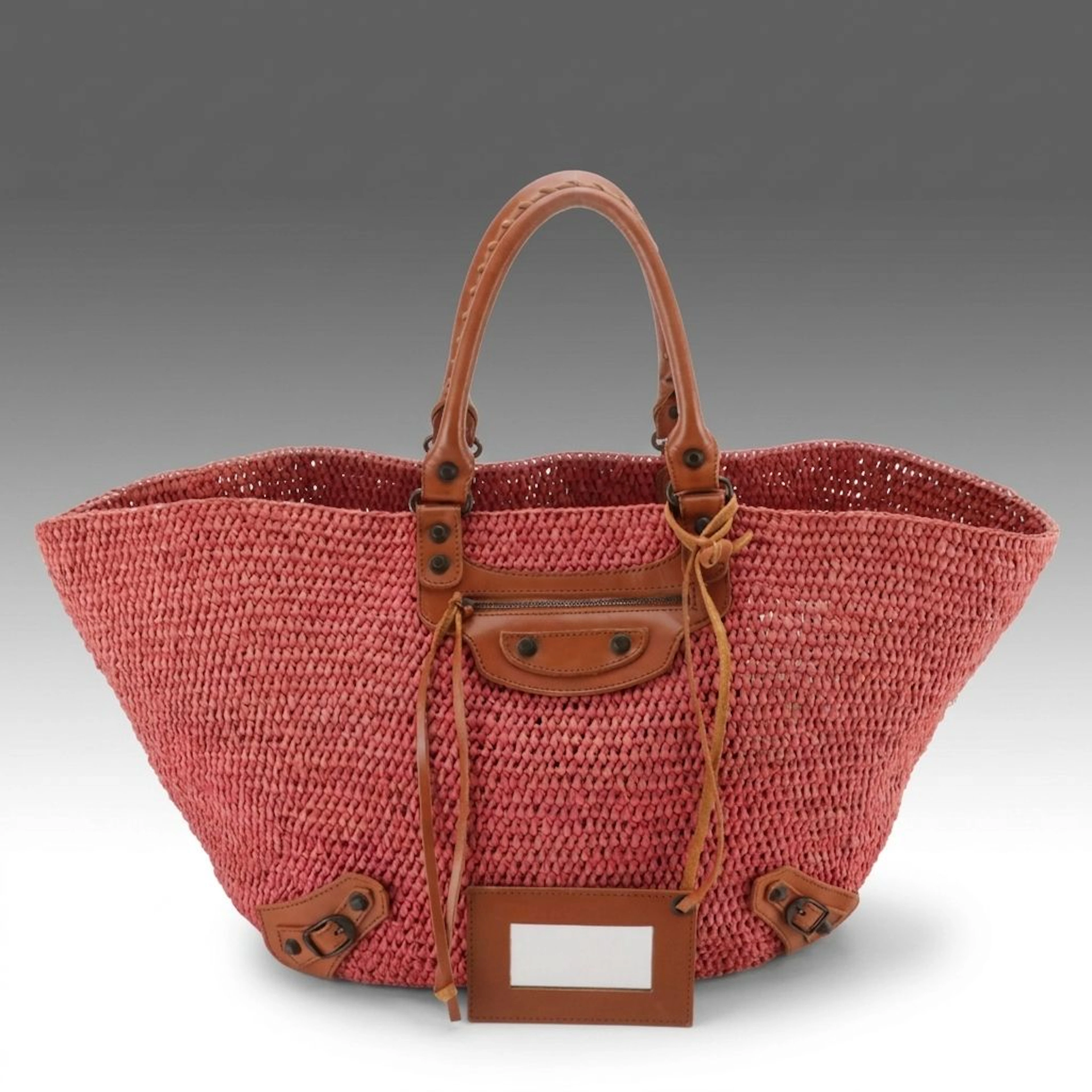 Balenciaga Arena HW Large Tote Bag in Woven Raffia with Leather Trim