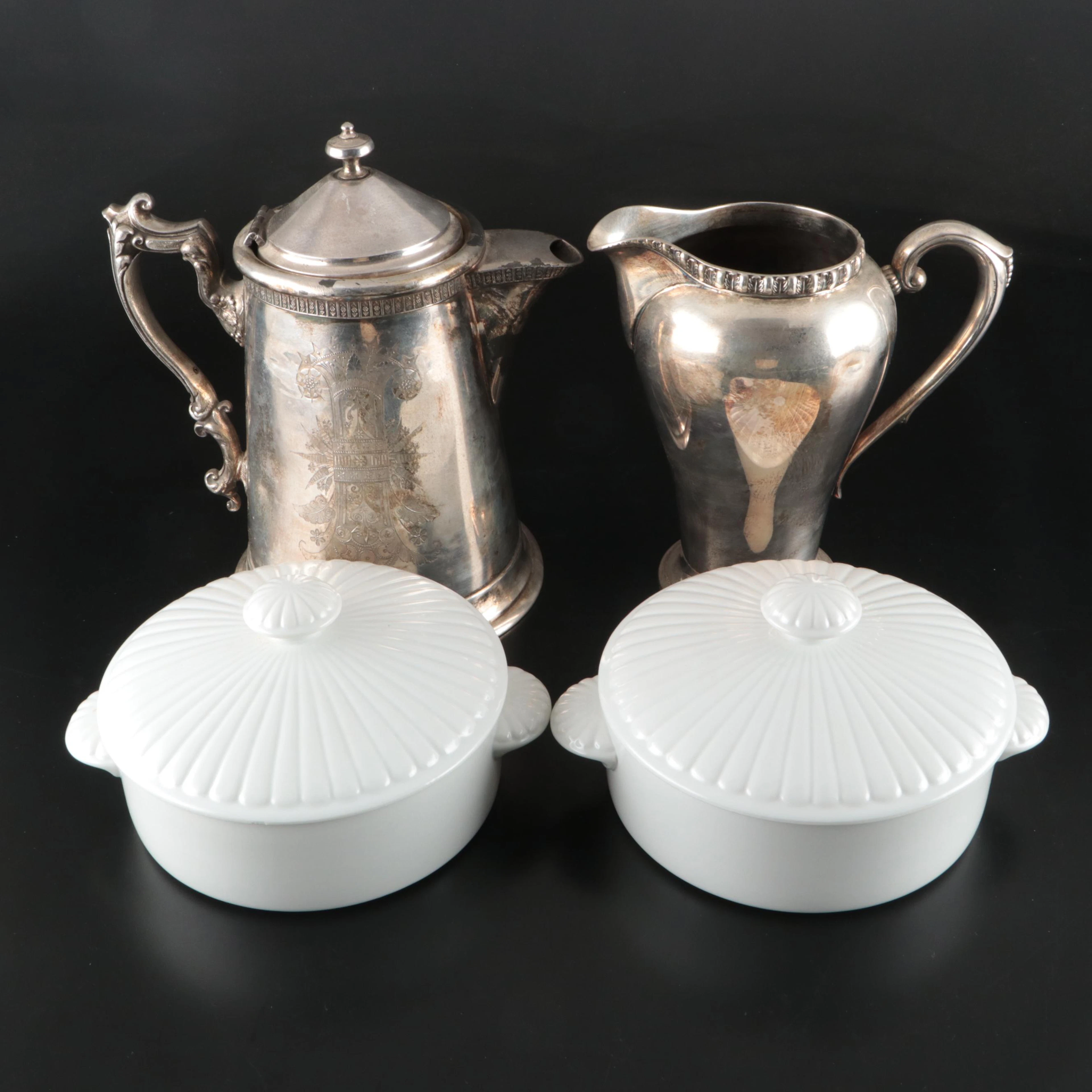 William Rogers "Castle" and Other Silver Plate Pitcher with Ceramic Casseroles
