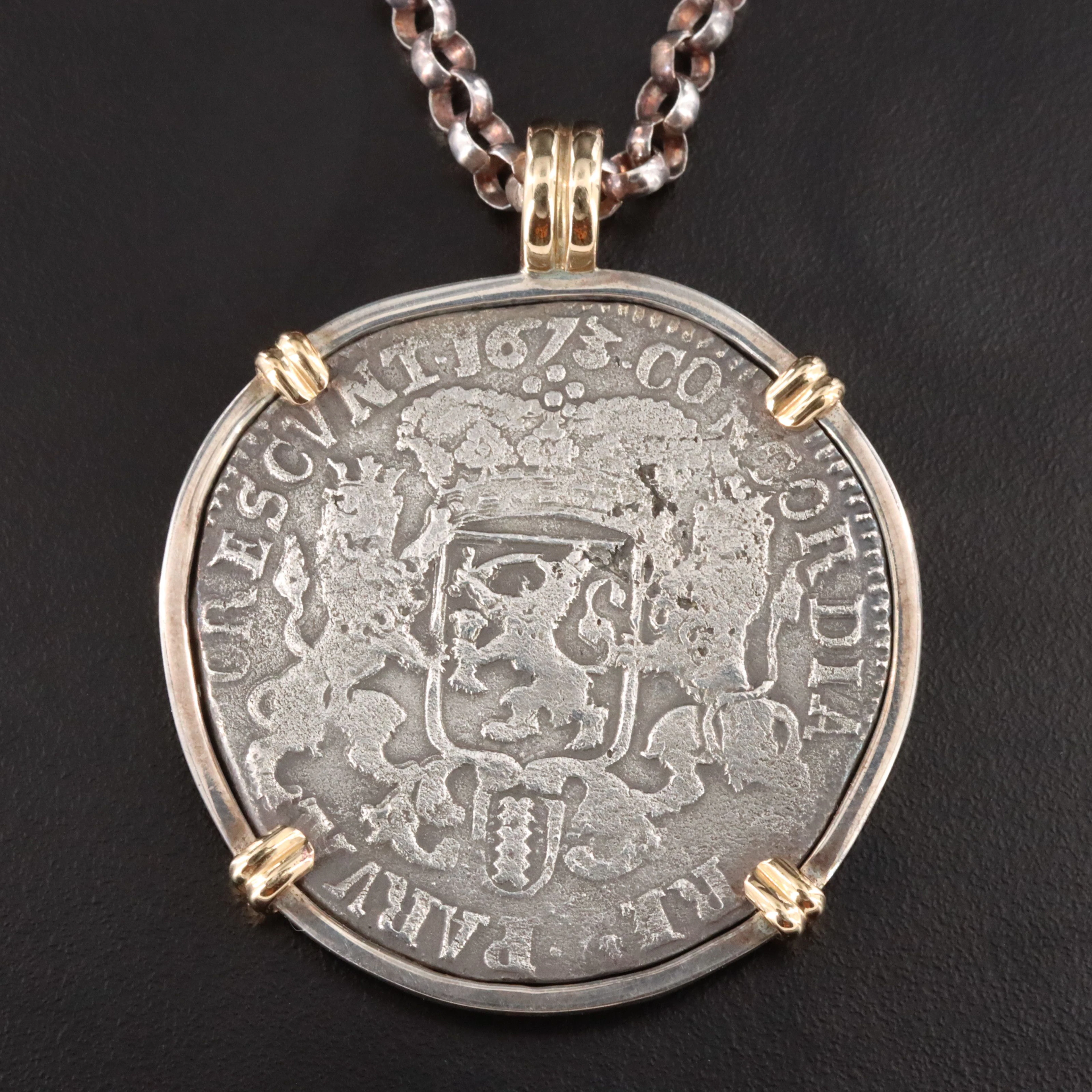 Sterling Necklace with 1673 Netherlands, Holland, Ducaton Coin with 10K Accents