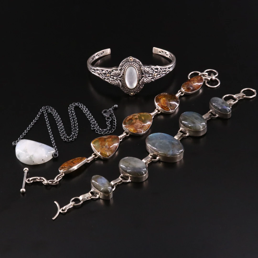 Sterling, Labradorite, Moonstone and Amber Featured in Bracelets and Necklace