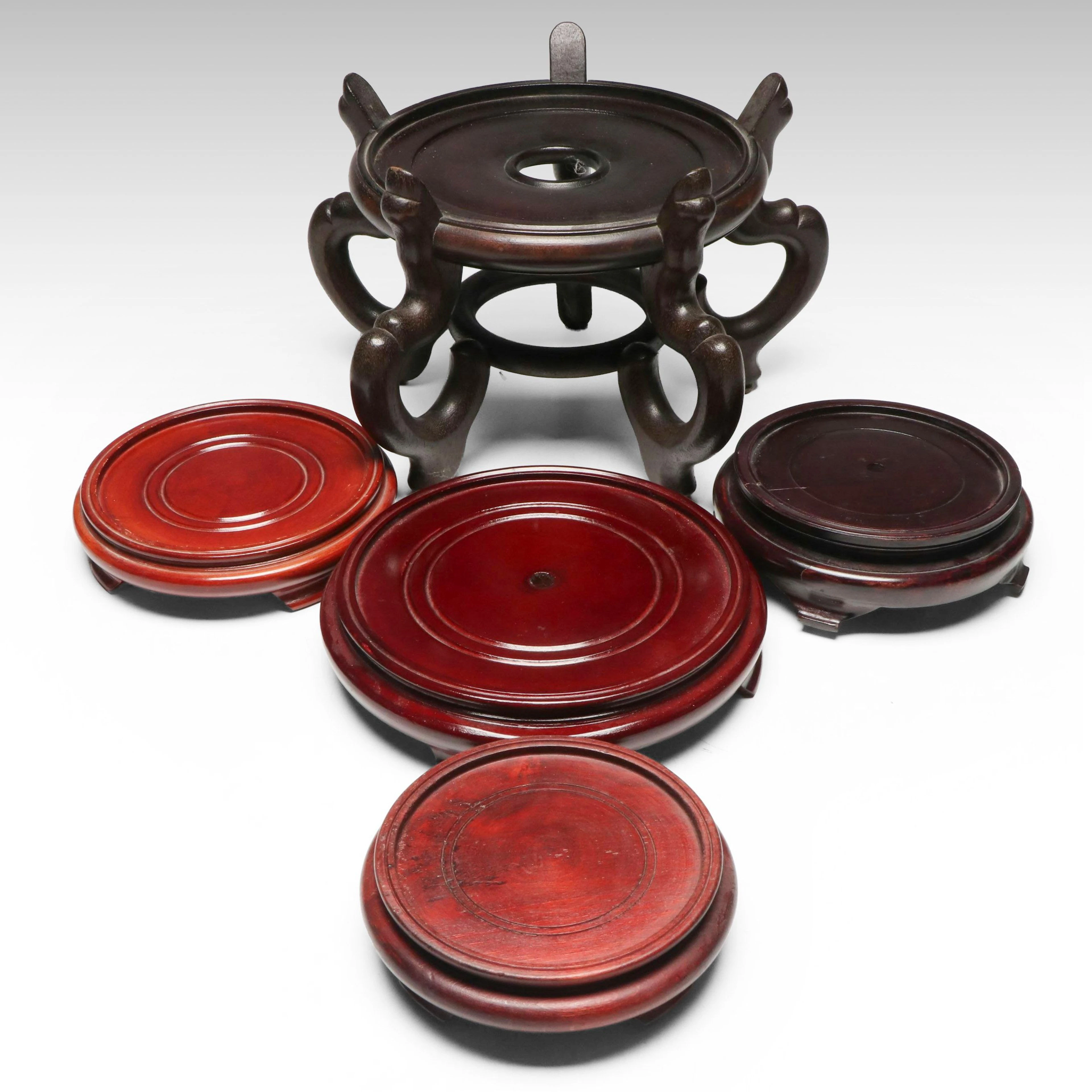 Chinese Carved Wood Pedestal and Stands