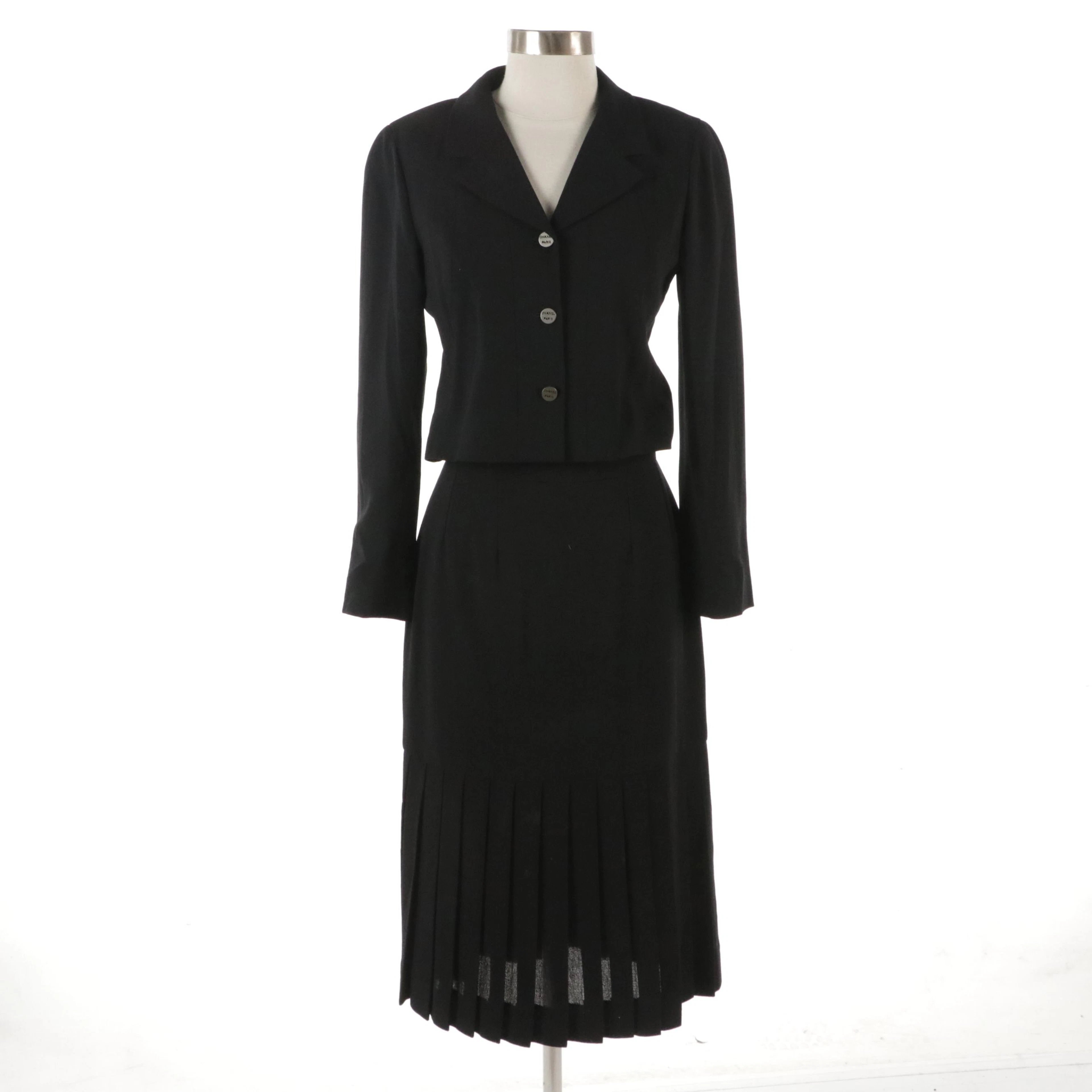 Chanel Boutique Black Wool Skirt Suit with Pleated Hemline