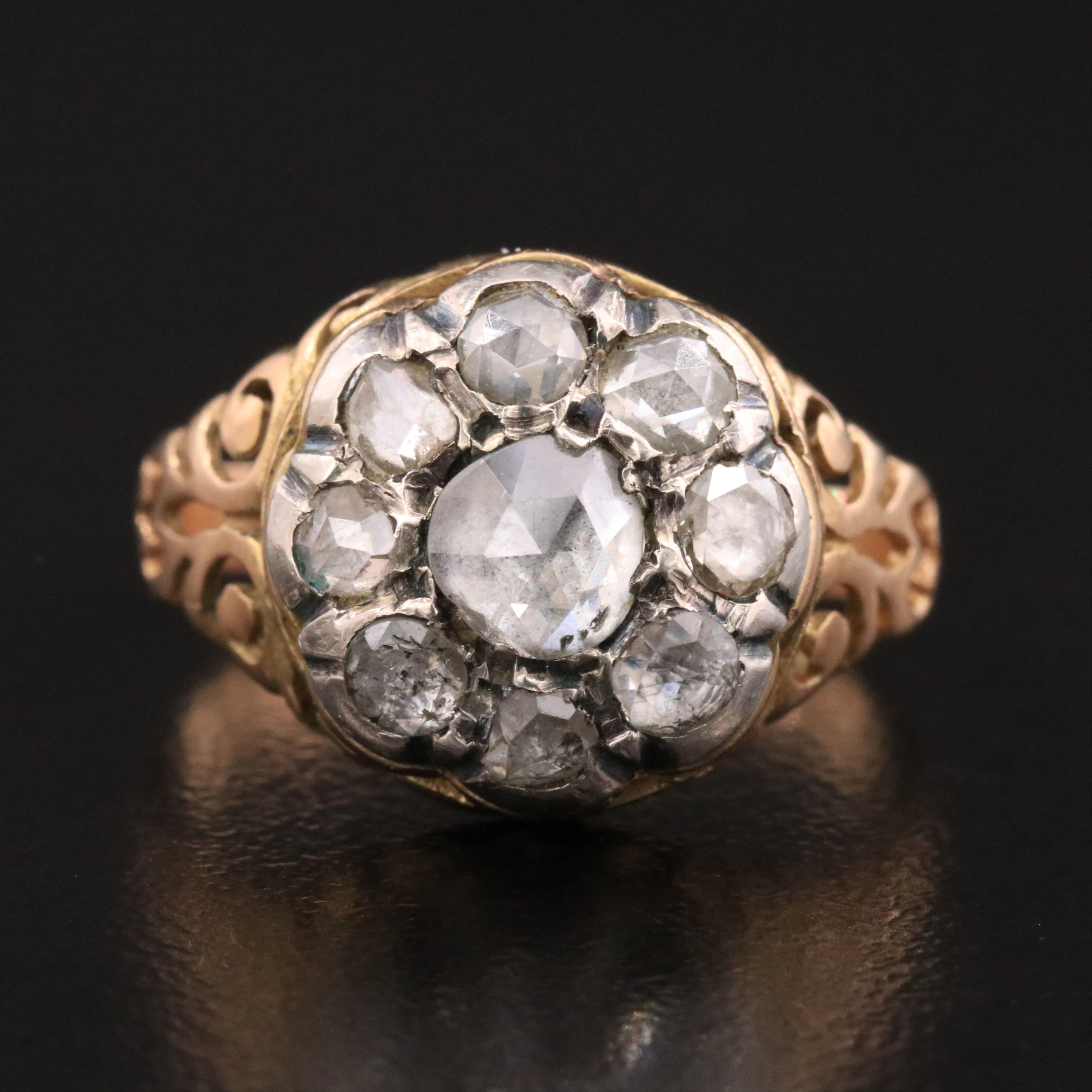 Antique 14K Rose Cut Diamond Ring with Sterling Top