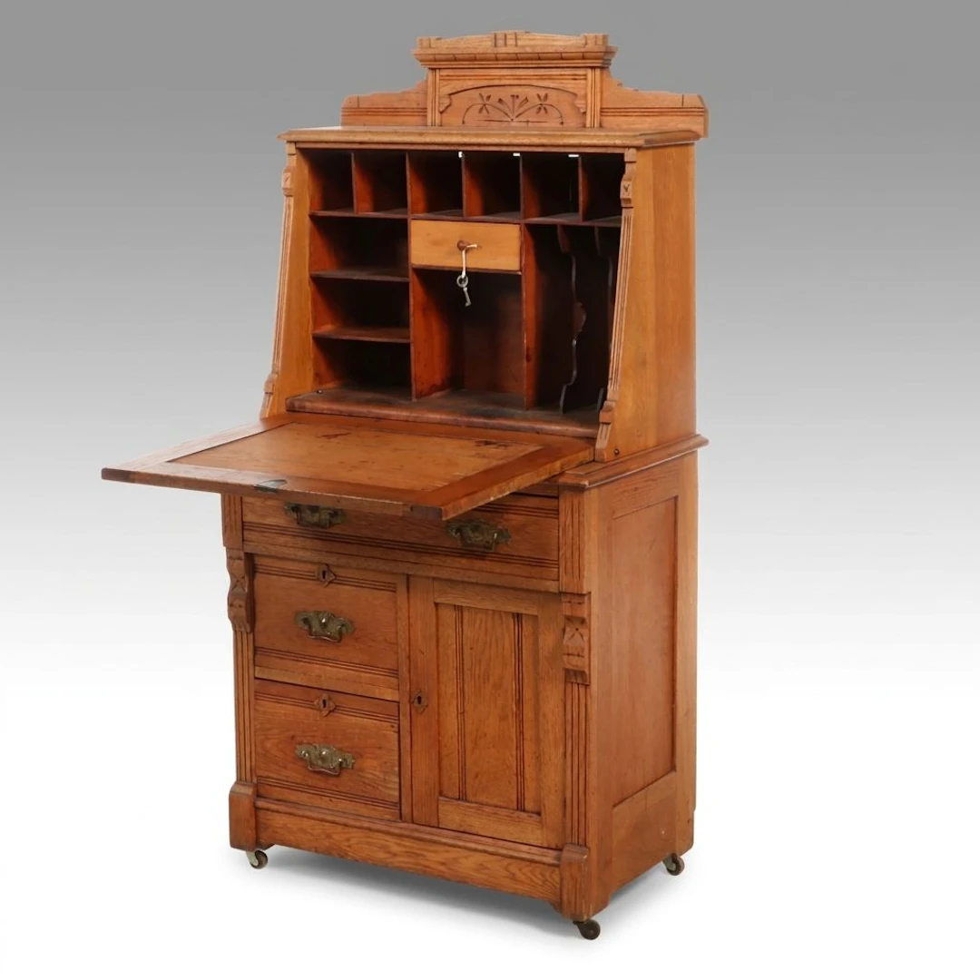 Late Victorian Carved Oak Fall-Front Secretary Desk, Late 19th Century