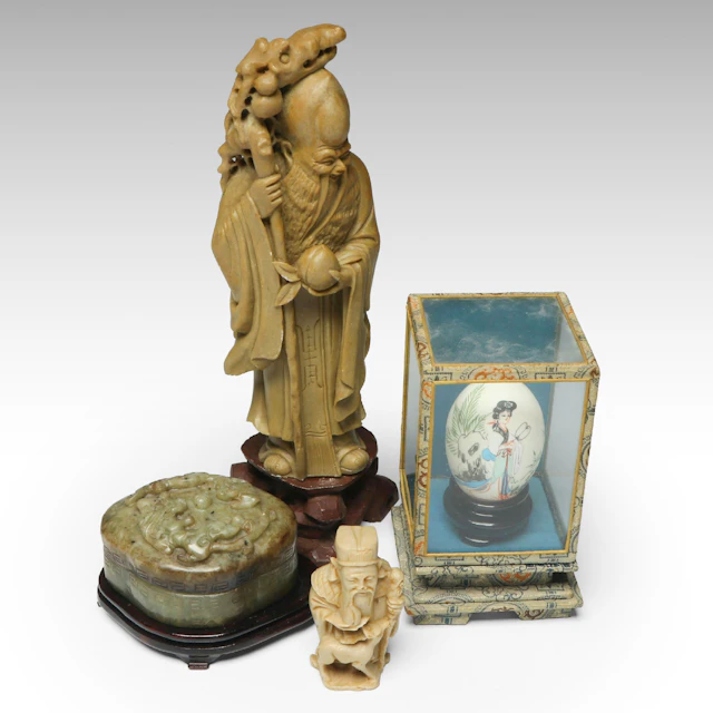 Chinese Hand-Carved Soapstone Figurine with Box, Painted Egg and More