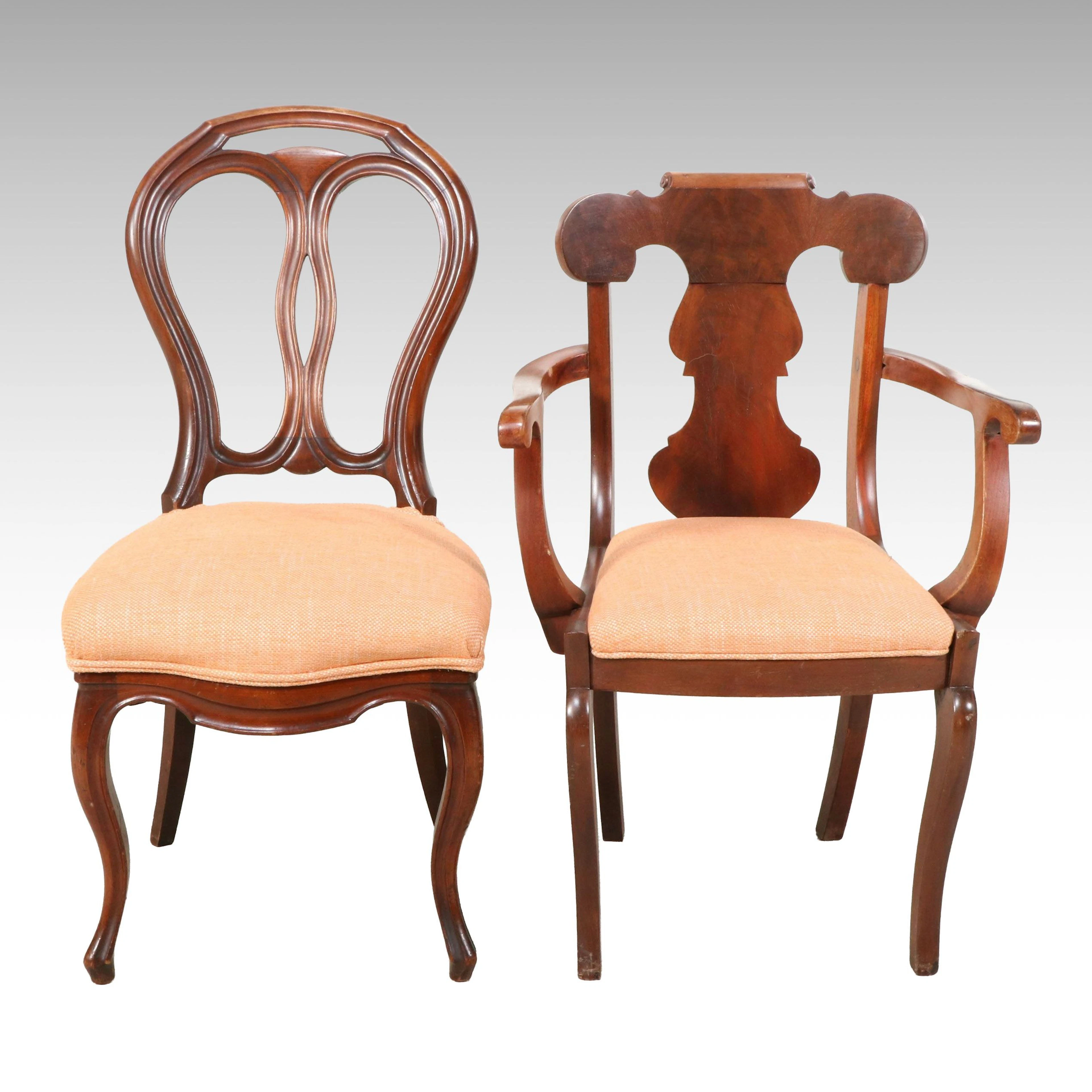Victorian Style Walnut Side Chair and Empire Style Armchair, Early