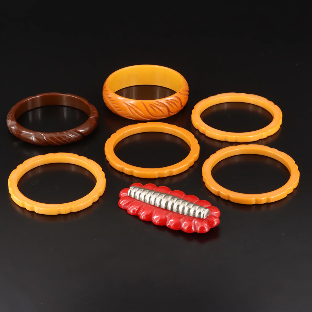 Machine Age Cherry Bakelite Brooch & Vintage Butterscotch Carved Bangles