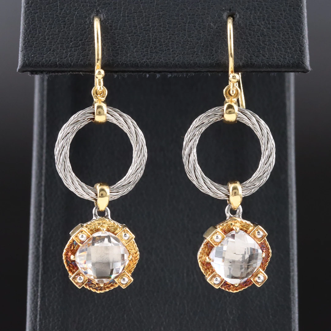 Charriol Stainless Steel,18K and White Topaz Drop Earrings