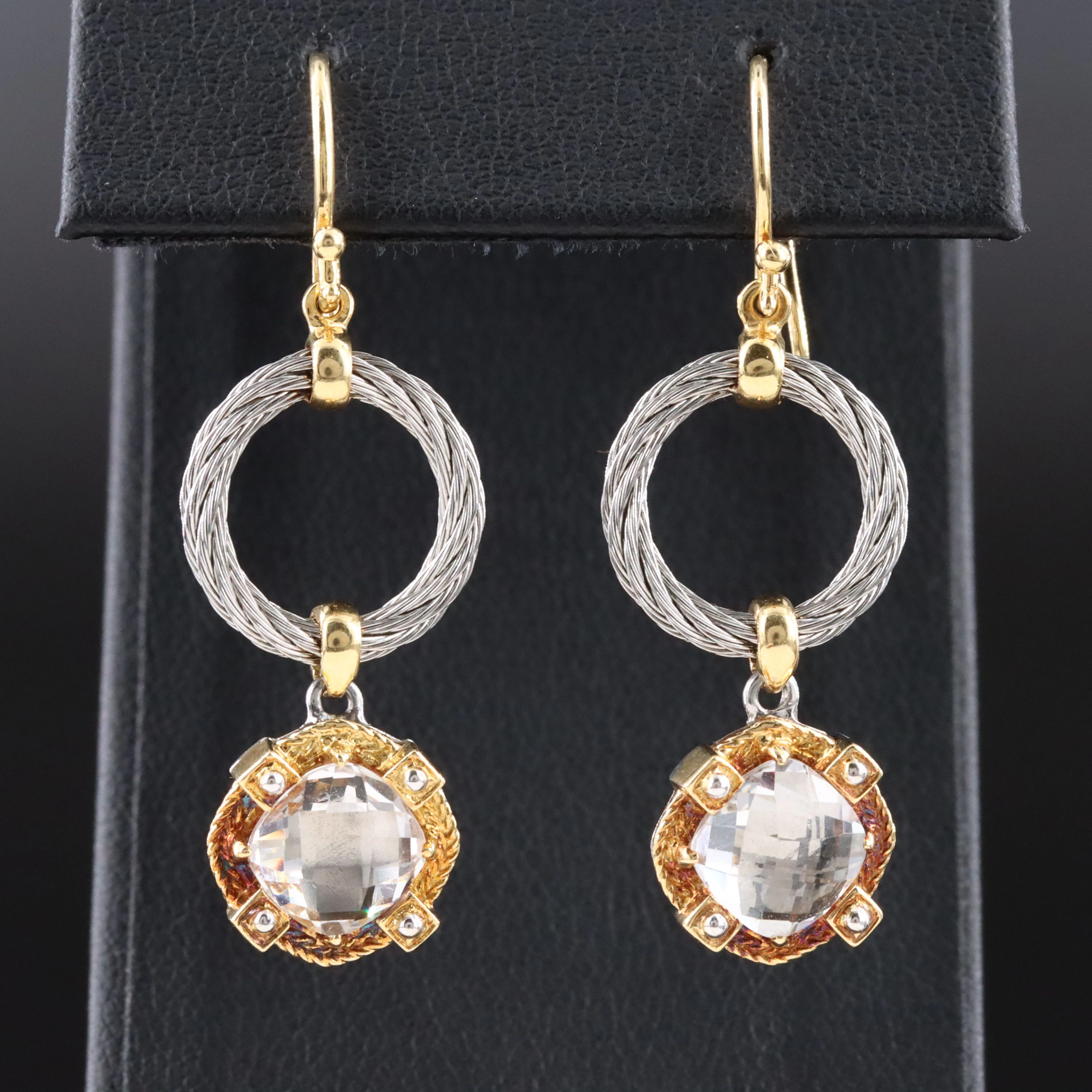 Charriol Stainless Steel,18K and White Topaz Drop Earrings