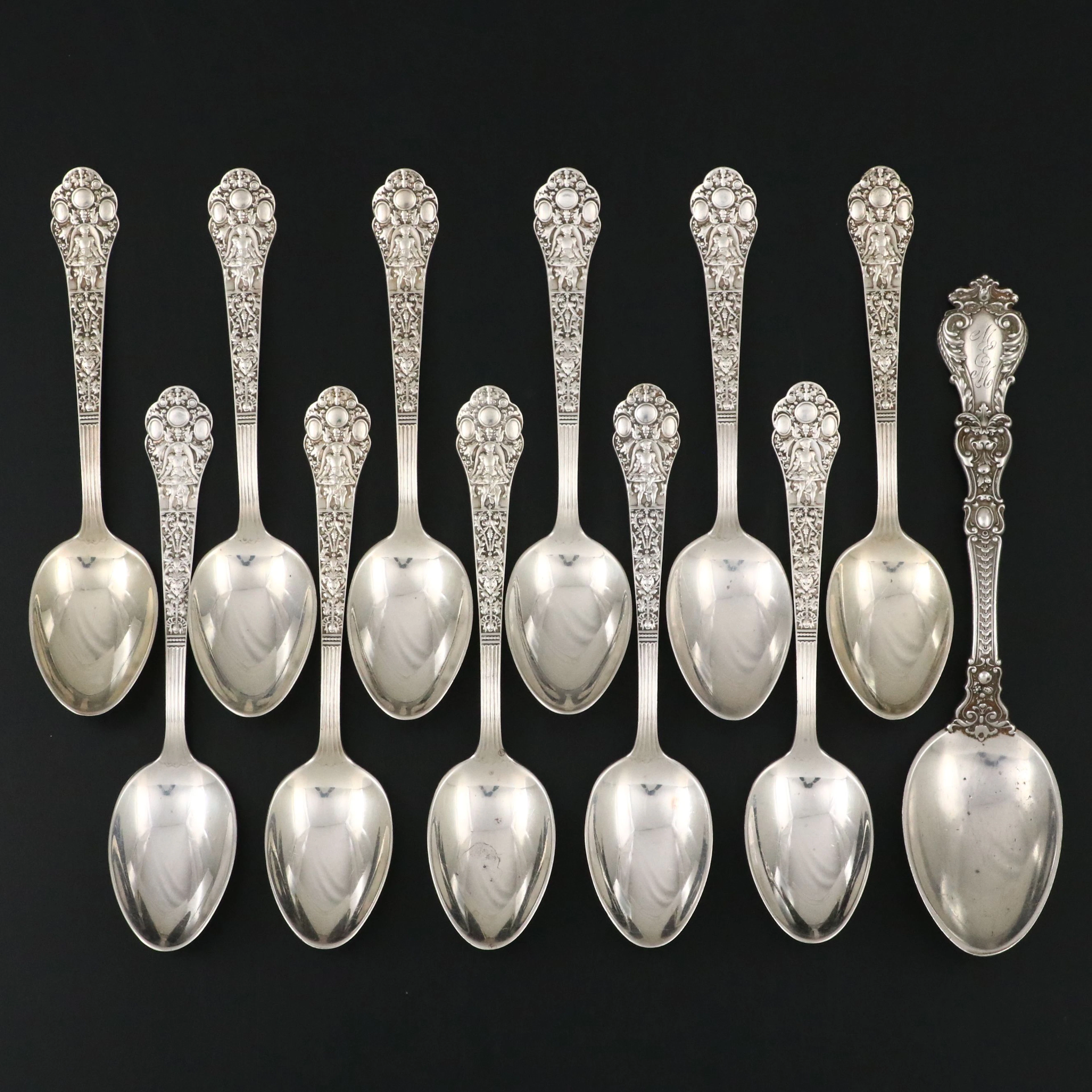 Gorham "Henry II" Sterling Silver Soup Spoon and "Medici-Old" Teaspoons