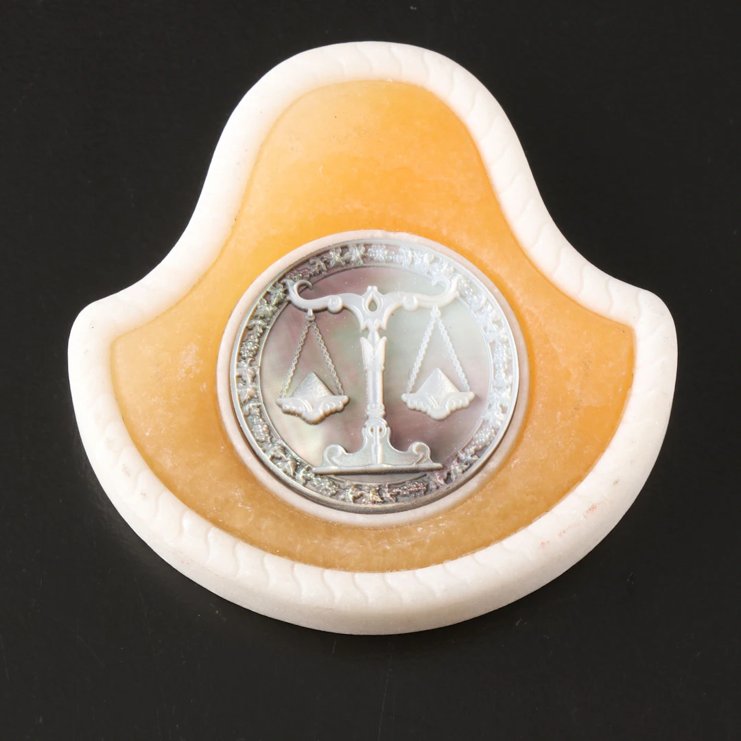 Carved Alabaster and Mother-of-Pearl Inlaid Libra Zodiac Medallion